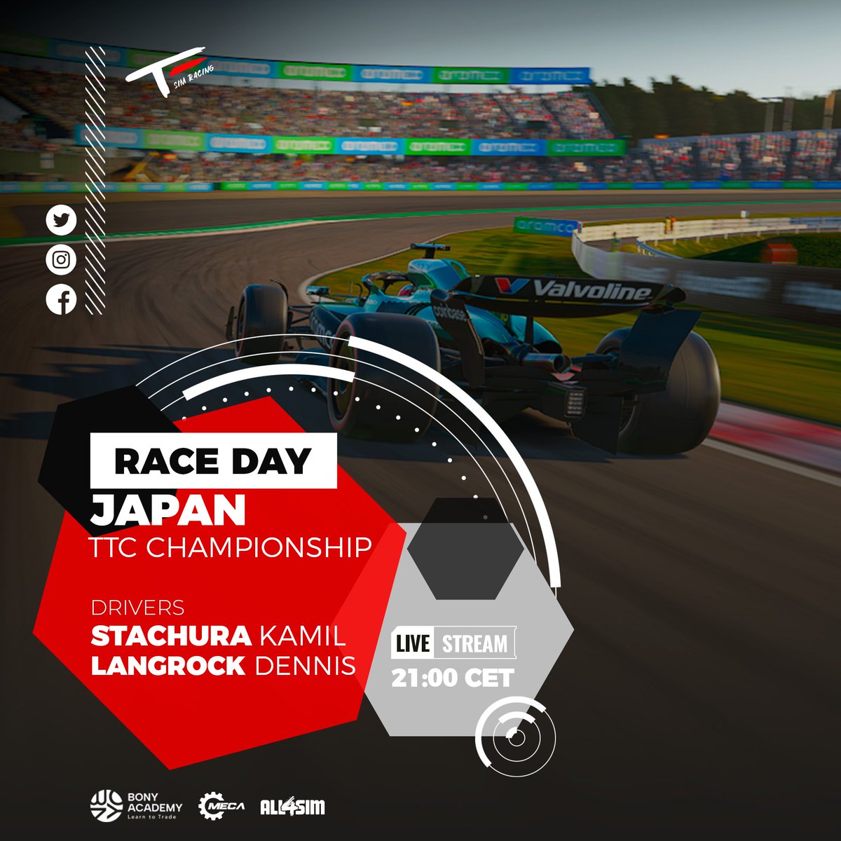 TomasEngeSimRacing (@tomas_enge_sim) on Twitter photo It‘s Raceday in the TTC championship, today we are in Japan! 🇯🇵
Tune in live at 21:00 CET!
📺twitch.tv/ttc_f1
Driver Line-Up:
<a href="/StachuraKamil/">Kamil Stachura</a>
<a href="/dennislangrock1/">Dennis Langrock</a>
#Esports #RTG #SimRacing #F124 #F124Game It‘s Raceday in the TTC championship, today we are in Japan! 🇯🇵
Tune in live at 21:00 CET!
📺twitch.tv/ttc_f1
Driver Line-Up:
<a href="/StachuraKamil/">Kamil Stachura</a>
<a href="/dennislangrock1/">Dennis Langrock</a>
#Esports #RTG #SimRacing #F124 #F124Game