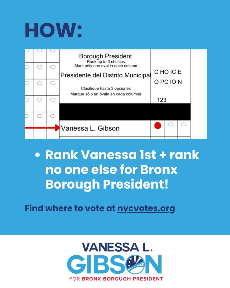 Don’t wait. Early voting is happening NOW! 

Polls are open until 5 PM today.

Let’s reelect Vanessa L. Gibson to keep fighting for the Bronx 💙

Find out where to vote: vote.nyc/page/find-your…