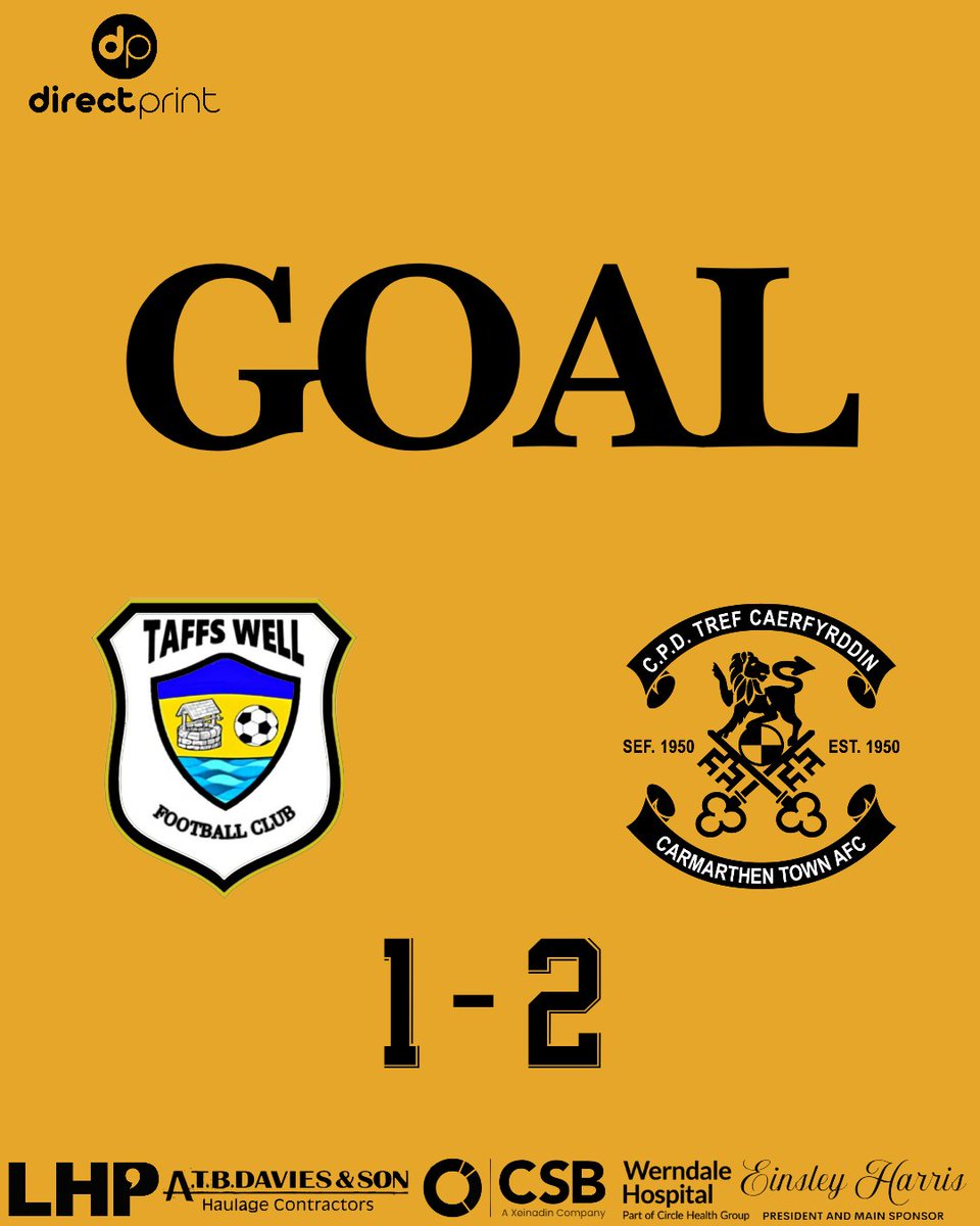 32' GOAL | GÔL 

Taffs Well FC 1-2 Carmarthen Town AFC 

The Old Gold instantly retake the lead