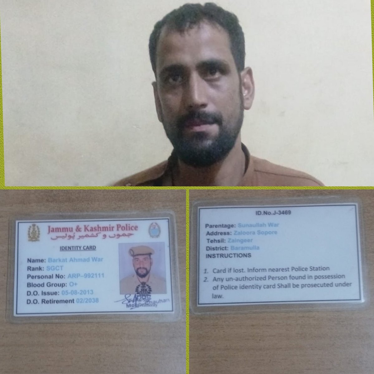 🚨 Sopore Police arrested impersonator Barkat Ahmad War with a fake police ID during naka at Harwan Crossing. FIR registered at PS Bomai.
<a href="/JmuKmrPolice/">J&K Police</a> <a href="/KashmirPolice/">Kashmir Zone Police</a> <a href="/DIGBaramulla/">DIG of Police NKR Baramulla</a> <a href="/IftkharTalib/">Iftkhar Talib</a>