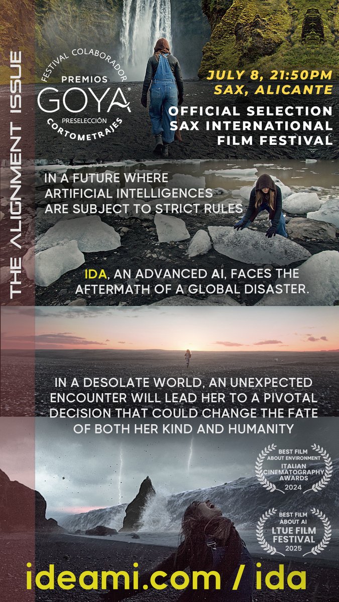 Our movie Ida, shot in Iceland, is official selection at the Sax International Film Festival which is part of the Goya Awards Circuit. Ida deals with the topic of alignment between humans and AI
<a href="/festival_sax/">Festival Internacional de Cine de Sax</a> <a href="/iia_es/">Instituto de Inteligencia Artificial</a> <a href="/JoanLesan/">Joan Lesan</a>