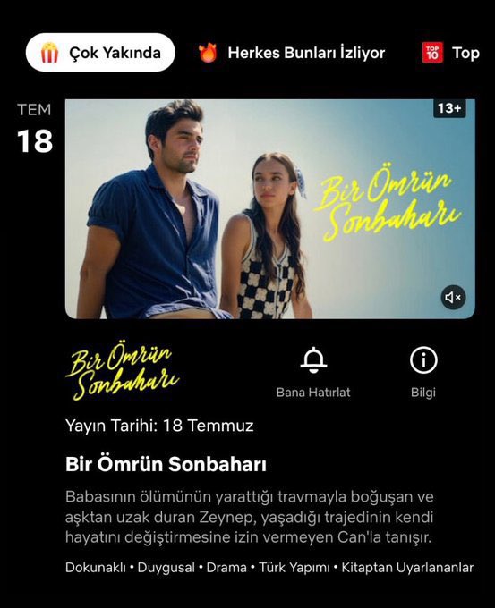 Başrollerinde Yiğit Koçak ve Eylül Tumbar’ın olduğu #BirÖmrünSonbaharı Netflix kütüphanesine eklendi. Film 18 Temmuz’da yayına girecek.