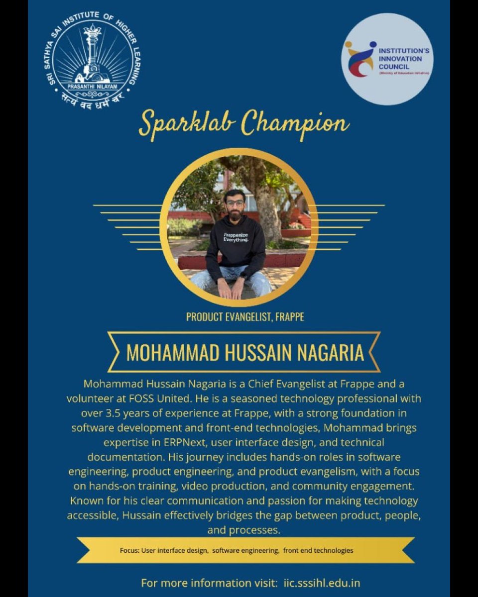 SSSIHL's tweet image. #Sparklab: Start-up Incubation Training Program | Session 27
Speaker: Mohammad Hussain Nagaria
Topic: Minimum Viable Product (MVP) -2
Date: 23 June 2025
Time: 6:30 PM – 8:00 PM IST
Visit us at: iic.sssihl.edu.in
#Sparklab2025 #StartupJourney #IIC #Entrepreneurs #Incubation