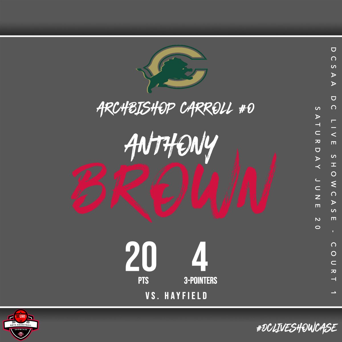 Anthony Brown | Archbishop Carroll
20 points and 4 three-pointers in their first DC LIVE win over Hayfield.

Grant Cage | Hayfield
17 points and hitting 4 threes in a gritty effort against Carroll 

#DCLive #DCSAA #BasketballShowcase #HighSchoolHoops #DCLiveShowcase #Day2Action