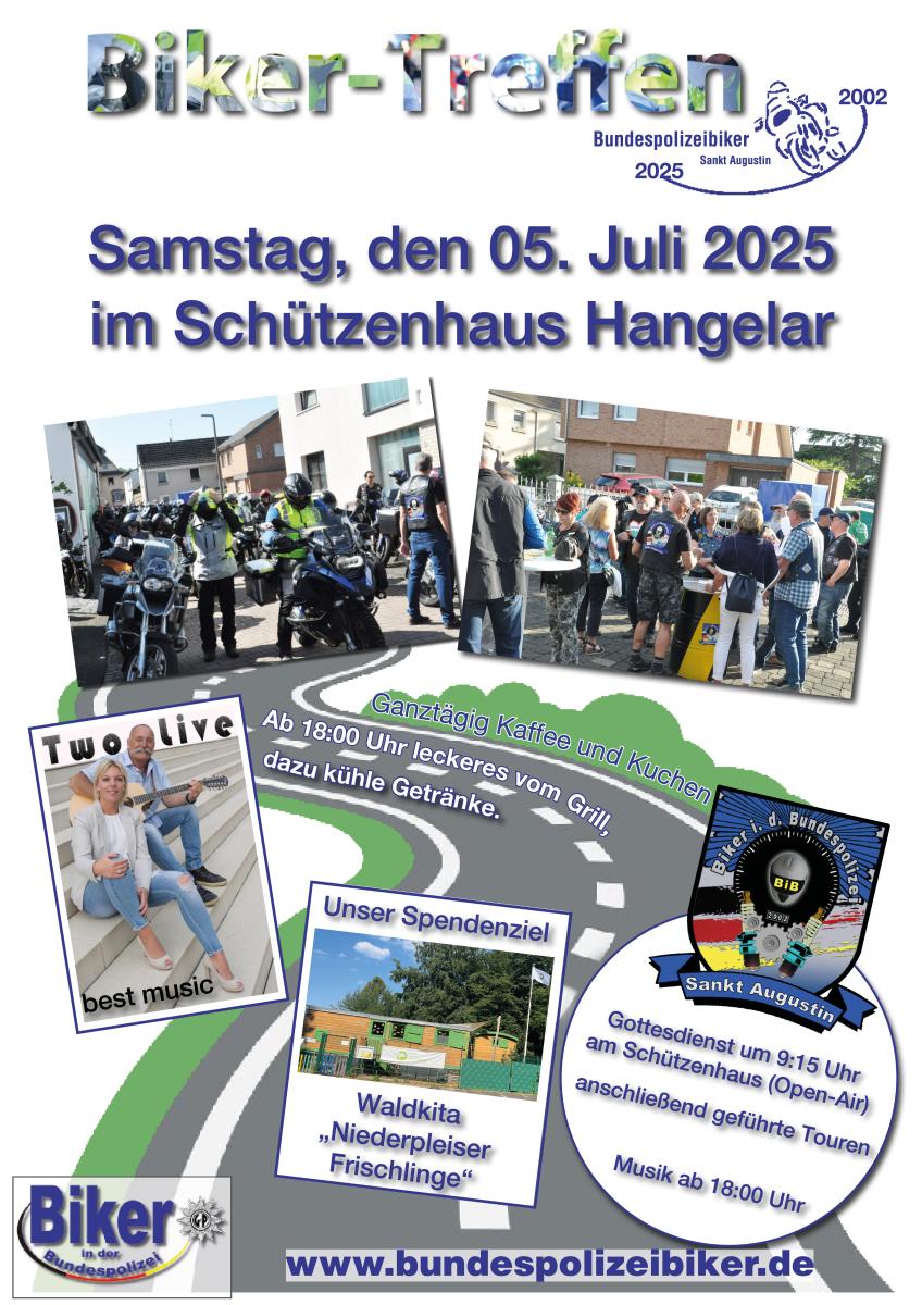 Save the date! Bikertreffen für Motorradfahrer und Interessierte in Sankt Augustin - Hangelar am 5.7.25. Ab morgens geführte Touren. Anmeldungen und Infos unter  bundespolizeibiker.de . Ab 1800 Grillen und LiveMusic.