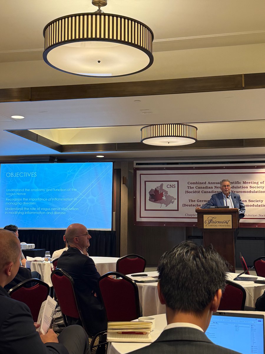 CanNeuromod's tweet image. ☀️ Day 3 kicks off with the CNS Lecture by Dr. Peter Staats. A thought leader in pain medicine, he sets the tone for the final day with a forward-looking talk on vagus nerve stimulation for new indications. #neuromodulation #VNS