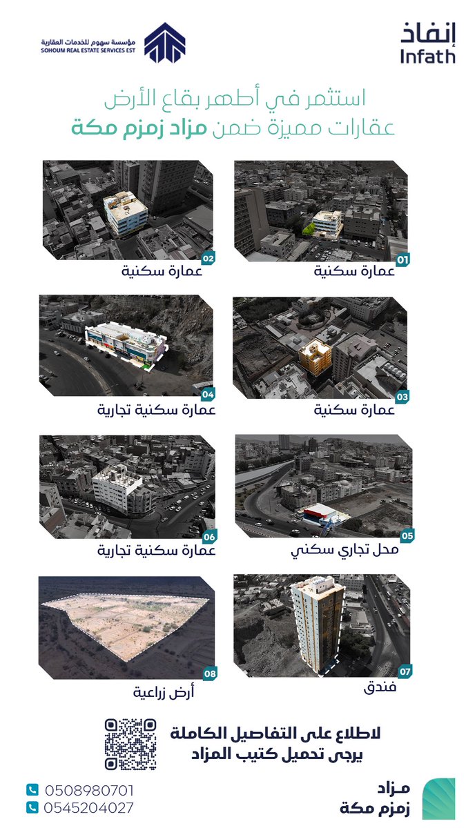 🚨 غدا مزاد "زمزم مكة "هجين" 
مزاد على فندق وفرص استثمارية وسكنية وتجارية وزراعية🕋

إشراف: مركز الإسناد والتصفية "إنفاذ"
وكيل البيع القضائي: مؤسسة سهوم للخدمات العقارية

ندعوكم للمشاركة في المزاد عبر منصة الدال للمزادات أو حضورياً في قاعة هوليدي إن العزيزية، مكة المكرمة.

📅