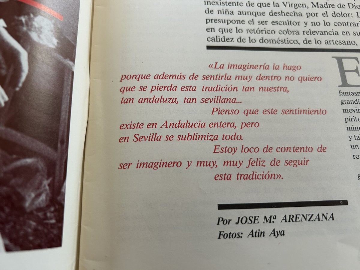 El q habla es el imaginero Luis Álvarez Duarte, en una entrevista a comienzos de los 80, donde expresaba la inmensa responsabilidad q sintió al tocar a la Macarena. Me acompañó un fotógrafo excepcional, mi amigo, tb fallecido, Atín Aya.
Sirva de lección a los osados y advenedizos
