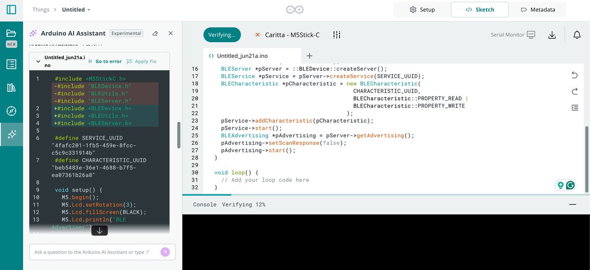 IotTtc's tweet image. Arduino Cloud、予想以上に快適！
従来のIDEはMacBook では速いけど、Windows環境だと書き込みが遅くてストレス…💻🌀
でもCloudなら速くて、エラーヒントも出て学生にも優しい✨

#ArduinoCloud #IoT #専門学校東京テクニカルカレッジ