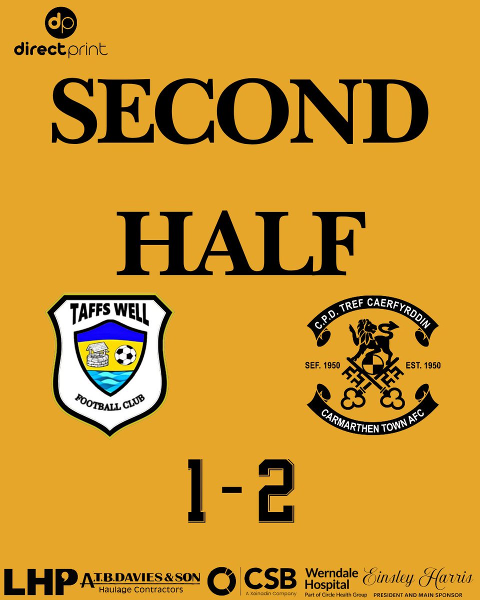 Second Half | Ail Hanner 

Taffs Well FC 1-2 Carmarthen Town AFC 

Back underway ⚽️ 

Wedi ail-cychwyn ⚽️