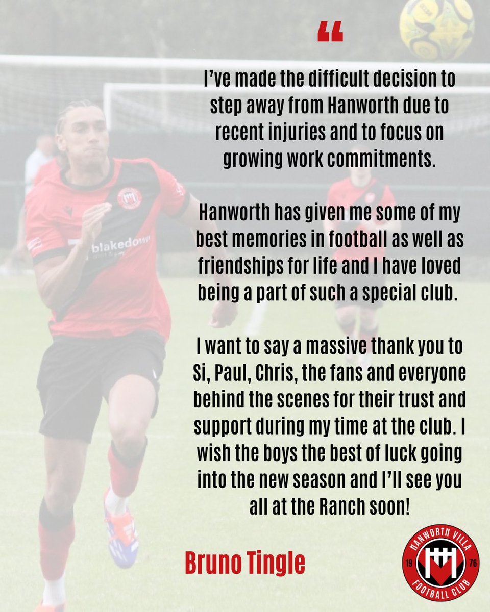 Hanworth Villa FC (@hanworthvillafc) on Twitter photo ๐๐ฟ๐๐ป๐ผ ๐ง๐ถ๐ป๐ด๐น๐ฒ ๐๐ฒ๐ฝ๐ฎ๐ฟ๐๐
We can confirm midfielder <a href="/BrunoTingle/">Bruno Tingle PE</a> will leave this summer as our second-longest serving player, with 12 goals across 113 appearances.
We thank Bruno for his contributions to the club!
โ๐ผ ๐๐ค๐ง๐ ๐๐๐ง๐ โ hanworthvilla.co.uk/bruno-tingle-lโฆ ๐๐ฟ๐๐ป๐ผ ๐ง๐ถ๐ป๐ด๐น๐ฒ ๐๐ฒ๐ฝ๐ฎ๐ฟ๐๐
We can confirm midfielder <a href="/BrunoTingle/">Bruno Tingle PE</a> will leave this summer as our second-longest serving player, with 12 goals across 113 appearances.
We thank Bruno for his contributions to the club!
โ๐ผ ๐๐ค๐ง๐ ๐๐๐ง๐ โ hanworthvilla.co.uk/bruno-tingle-lโฆ