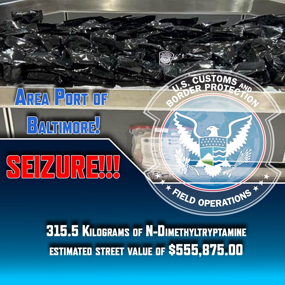 DFOBaltimore's tweet image. .@CBP officers at the Port of Baltimore seized 315.5 Kilograms of N-Dimethyltryptamine with an estimated street value of $555,875.00. CBP continued vigilance and dedication aiming to disrupt transnational drug organizations. Great job! #CBP #OFOProud馃嚭馃嚥