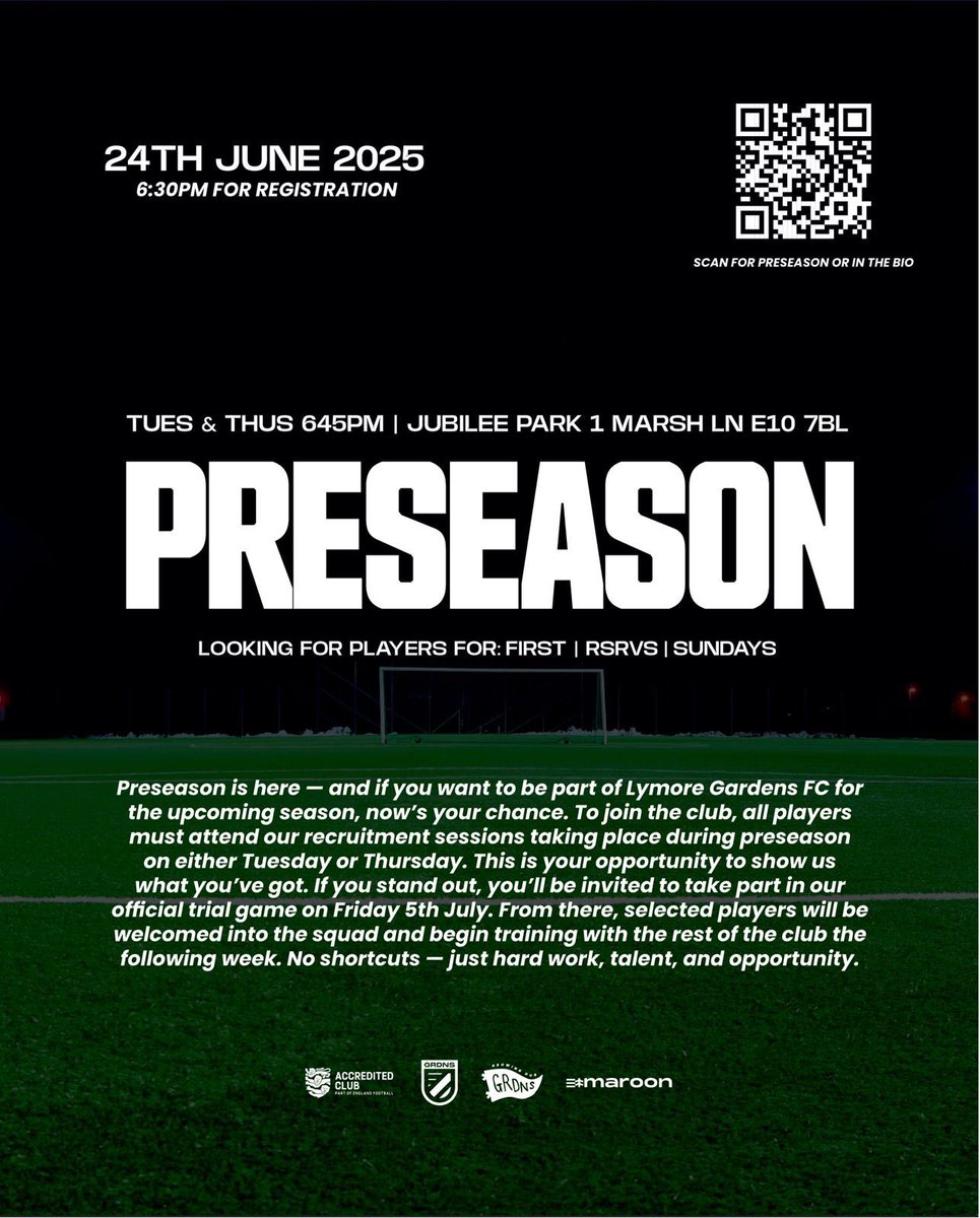 Want to play for Lymore Gardens FC?

🗓 Tues &amp; Thurs, 6:45PM @ Jubilee Park, E10 7BL
⚽️ First | Reserves | Sundays

🔥 Only those who attend preseason will be eligible for the trial game on Saturday 6th July