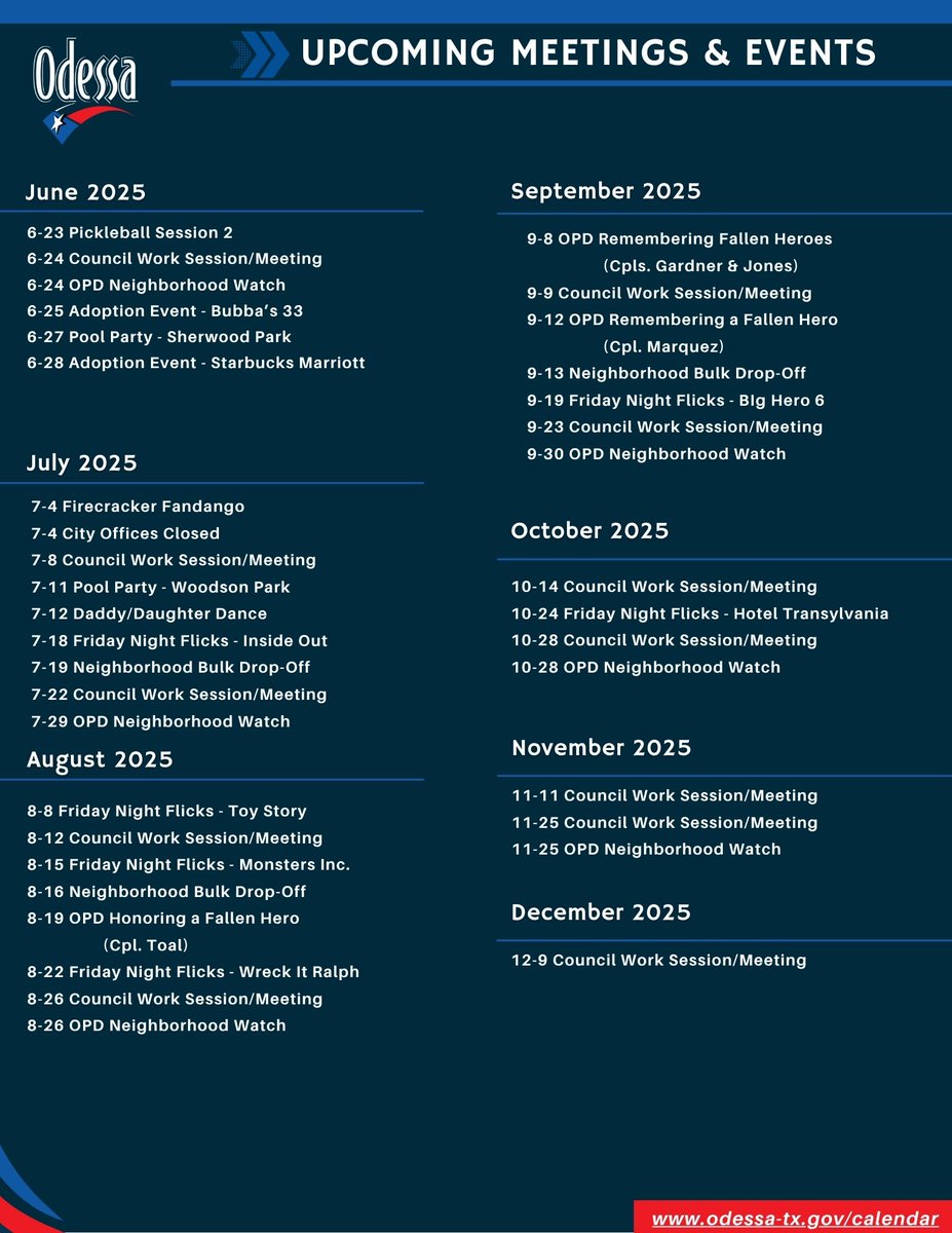 Save the date! 📅 We've got exciting events and important meetings coming up — don't miss out! Stay in the loop and join the fun.

Check out all the details on our website calendar:
odessa-tx.gov/Calendar.aspx