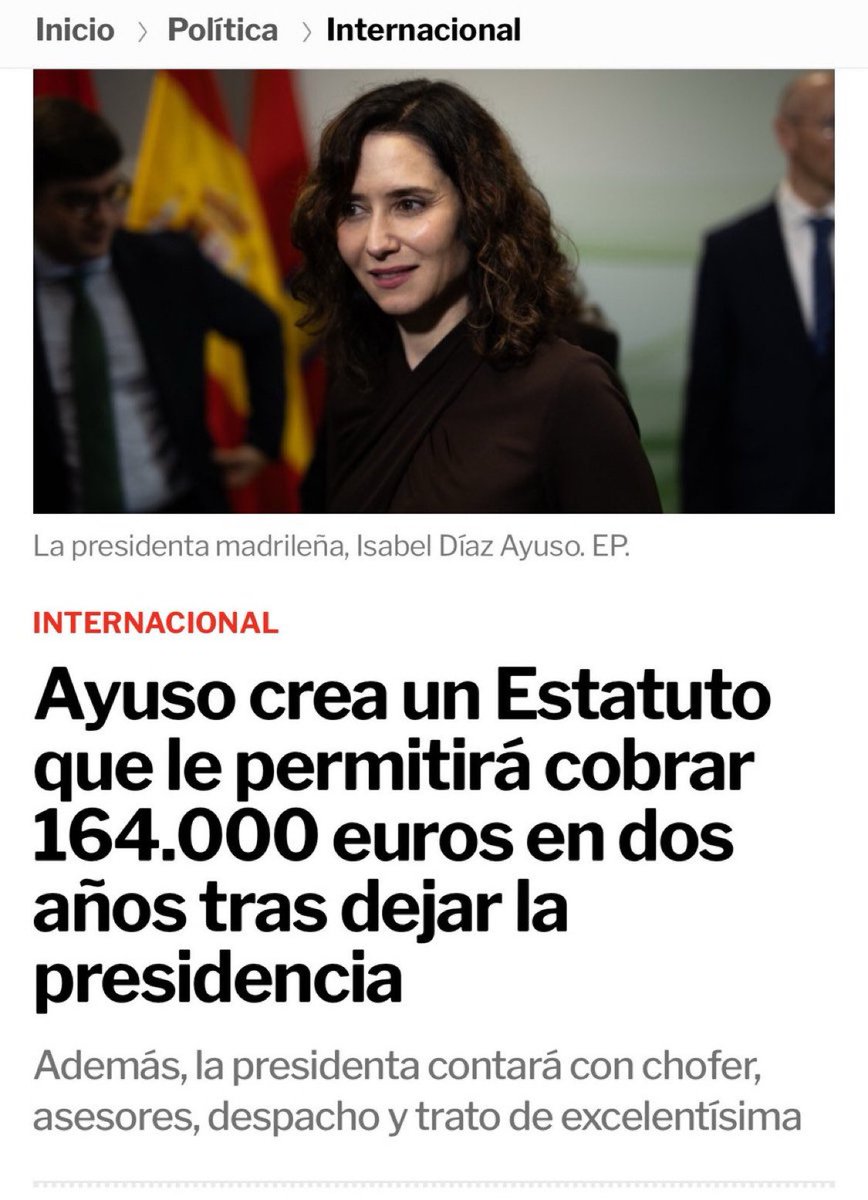 Ayuso quiere cobrar el equivalente a 19 años de SMI cuando se retire.
Ayer su jefe dijo que las subidas del SMI eran abusivas. Ahora coges y les votas, GILIPOLLAS.