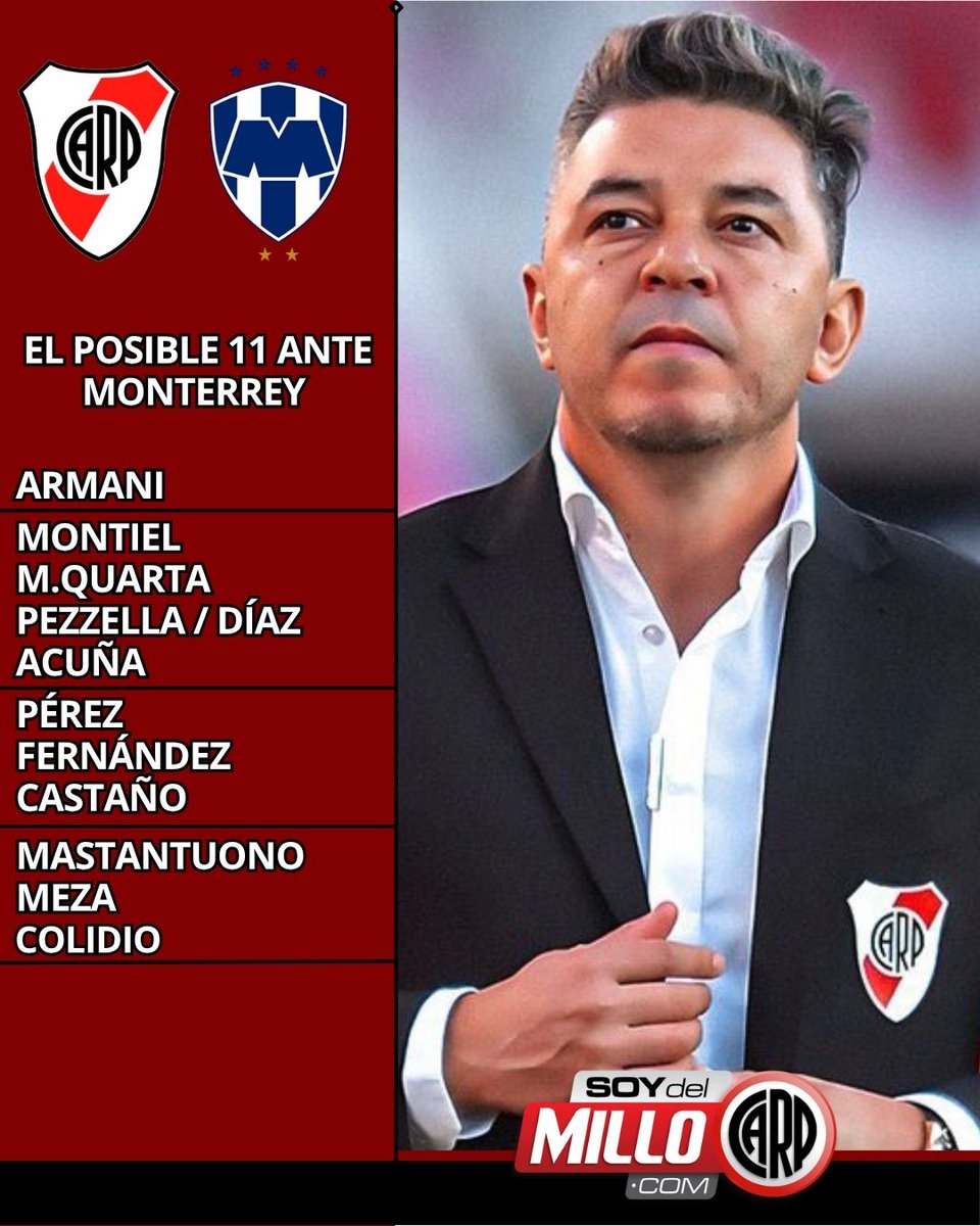 maxpugliese92's tweet photo. 🚨 EL POSIBLE 11 ANTE MONTERREY:

👉🏻 Armani; Montiel, M. Quarta, Pezzella o Díaz, Acuña; Pérez, Fernández, Castaño; Mastantuono, Meza y Colidio.

📸 @SoyDel_Millo | #River https://t.co/MQshXsath8