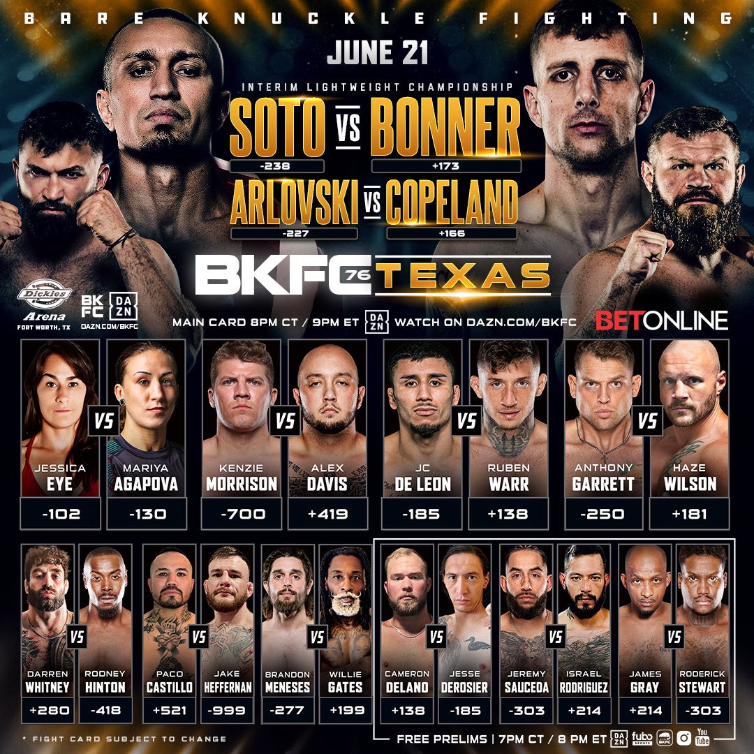 bareknucklefc's tweet photo. FIGHT DAY IS HERE! Here are the odds for tonight! Lock in those bets with @Betonline_ag 🤑

#BKFC76 | Tonight | Only on DAZN https://t.co/kVLeirzcfr