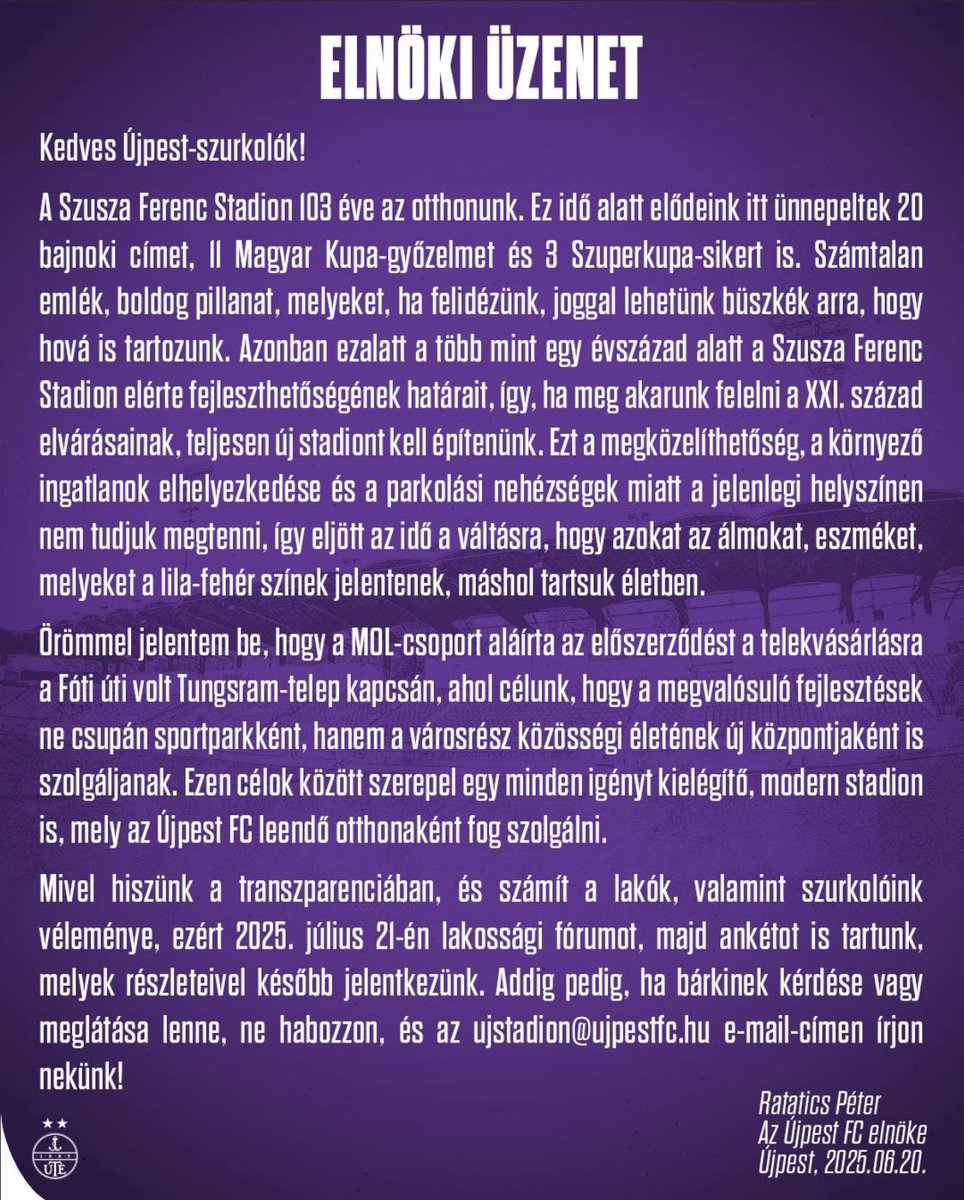 🚨🏟️ Újpest also announced their plans to move out of the Szusza Ferenc Stadion and build a new stadium.

“MOL Group has signed a preliminary contract for the purchase of land on the former Tungsram estate on Fóti Street, where our goal is for the developments to serve not only