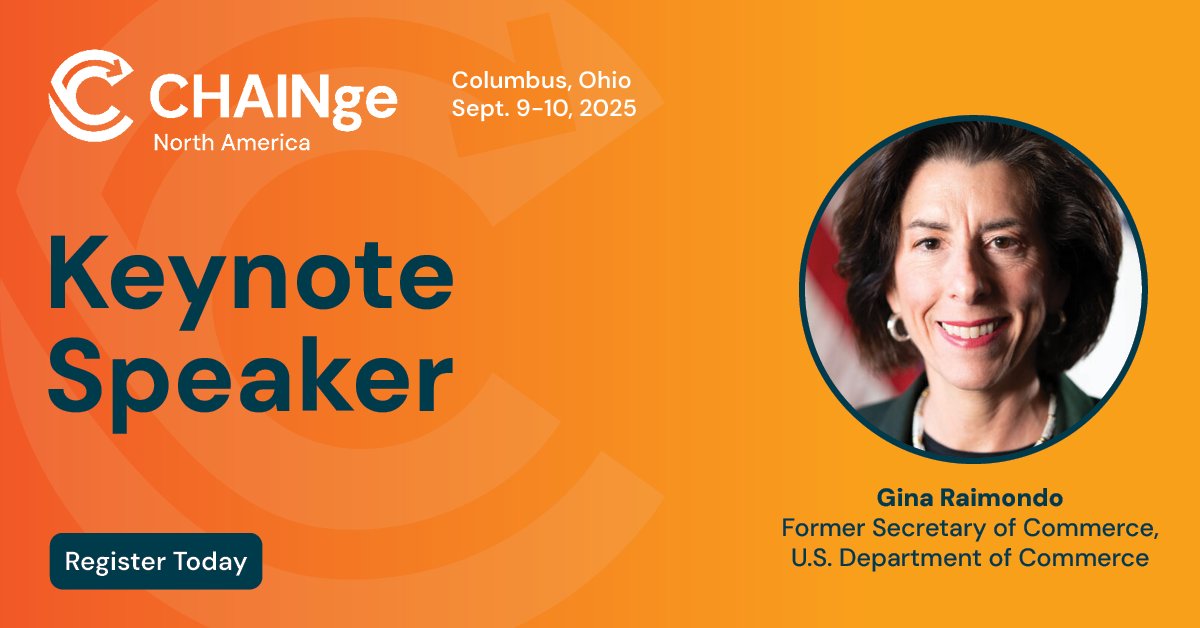 Chainge_Events's tweet photo. Former U.S. Secretary of Commerce Gina Raimondo, recognized as one of Fortune’s 50 Greatest Leaders. Join us for an exclusive opportunity to hear her expert insights on building resilience in your supply chain at #CHAINgeNA 

Secure your spot today! https://t.co/FtttSsKDZb https://t.co/WF8eQkSLNV