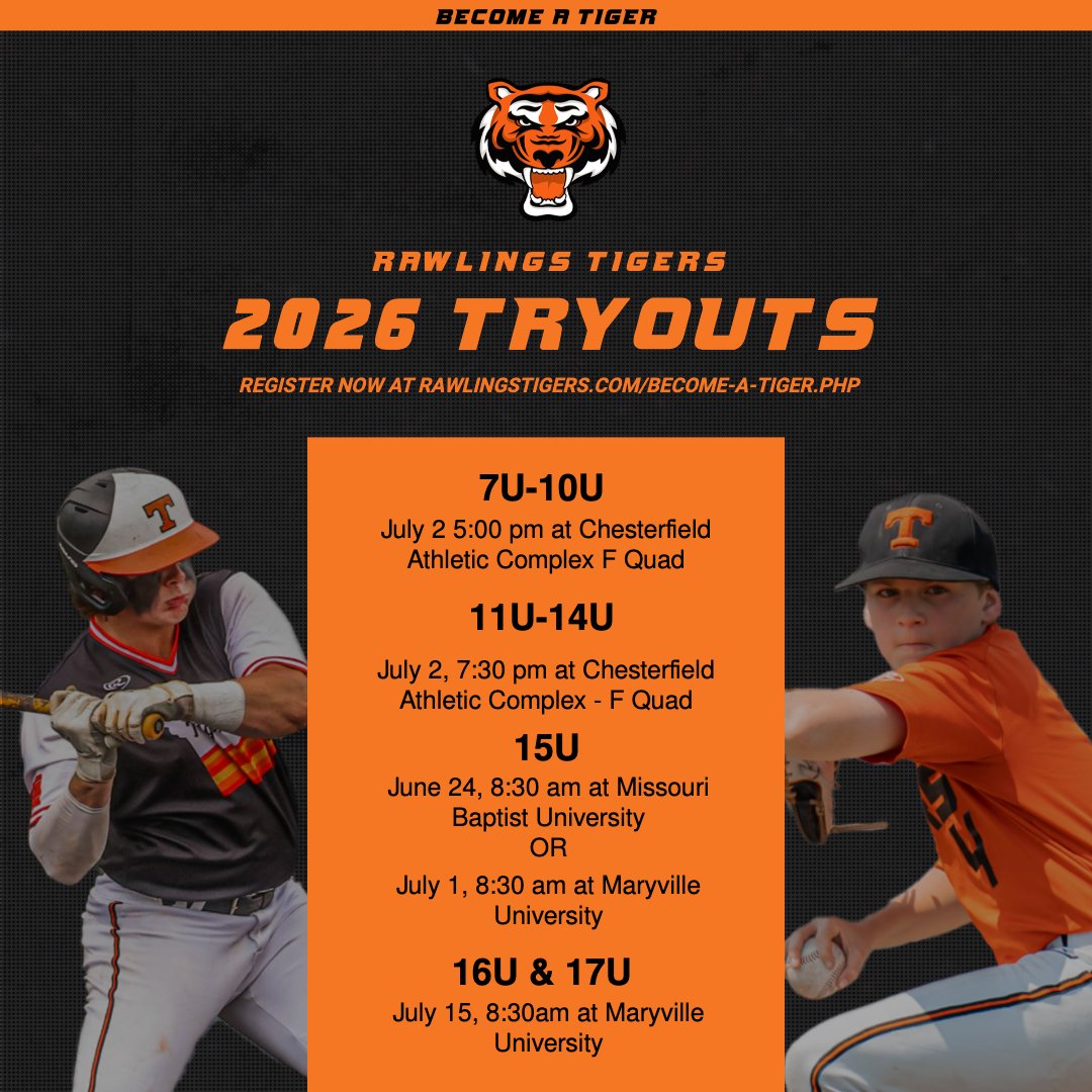 ST. LOUIS METRO! We will be hosting tryouts for the summer 2026 baseball season. This is for youth and high school baseball players. Please check the times and locations for 7U-10U, 11U-14U, 15U, and 16U-17U. 

Register! We are looking forward to seeing you later this summer!