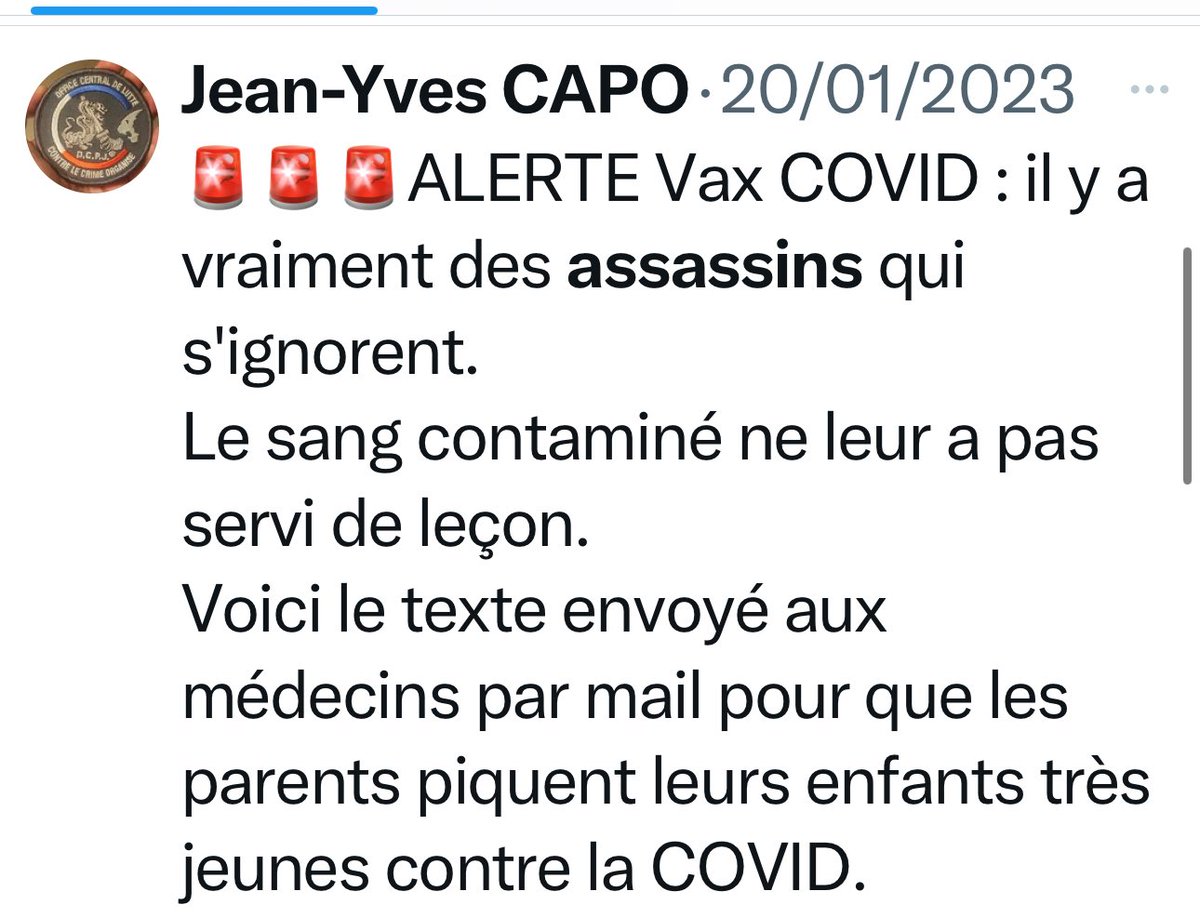 barriere_dr's tweet photo. Alors voilà.

Pour l’instant je ne m’étais pas exprimé sur le sujet.

Il me fallait vérifier quelques éléments.

Un confrère anesthésiste réanimateur @fluidloading a été condamné par l’ordre départemental des médecins de Moselle très sévèrement (qui s’est associé à la plainte du plaignant !) pour avoir remis à sa place @JeanYvesCAPO dans des tweets.

Suspendu un mois ! Ça me semble insensé. 

Mais soit . Notre profession nous oblige manifestement plus que ceux qui nous insultent quotidiennement.

Personnellement je ne me serais pas exprimé comme ça.
Mais peu importe.

Car à qui avons nous à faire ?

Eh bien voilà qui est @JeanYvesCAPO : 4 simples extraits en tapant le mot « rivotril » et « assassins »: « le sale boulot » « ils les ont assassines en 2020 » et diffament publiquement en déclarant que nous sommes donc une profession « d’assassins ».

Alors je pose une simple question à @ordre_medecins 

Allez-vous demander à l’ordre départemental ce qu’ils pensent de tels propos et s’y associent-ils aussi ?

Pourquoi ne pas utiliser plus fréquemment les 2 articles suivants ?
👉Article L.4121-2 du Code de la santé publique :
Le CNOM veille au maintien des principes de moralité, de probité et de compétence indispensables à l’exercice de la médecine.
👉Article 31 du Code de procédure civile :
Le droit d’agir en justice appartient à ceux qui ont un intérêt légitime au succès ou au rejet d’une prétention.

Saviez-vous que vous pouvez porter plainte en tant que partie civile ou demandeur pour atteinte à l’image de la profession ?

Notre profession a été insultée, bafouée, salie par des dizaines de personnes comme @JeanYvesCAPO nous accusant d’assassins 

Que comptez-vous faire ?

Avez-vous entamé des procédures envers @JeanYvesCAPO et tant d’autres pour dénoncer et mettre fin à ces insultes ?

Merci pour votre attention et bien confraternellement.