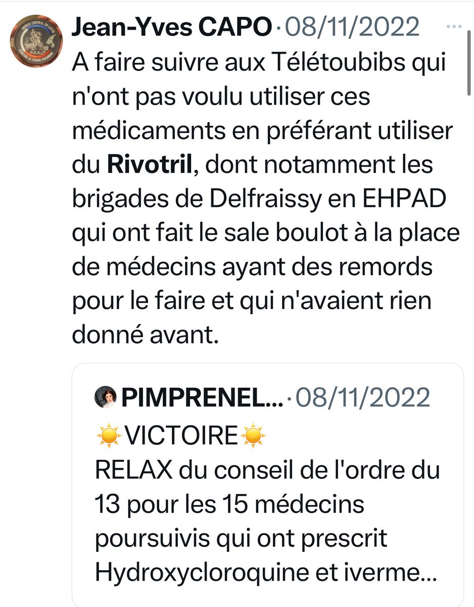barriere_dr's tweet photo. Alors voilà.

Pour l’instant je ne m’étais pas exprimé sur le sujet.

Il me fallait vérifier quelques éléments.

Un confrère anesthésiste réanimateur @fluidloading a été condamné par l’ordre départemental des médecins de Moselle très sévèrement (qui s’est associé à la plainte du plaignant !) pour avoir remis à sa place @JeanYvesCAPO dans des tweets.

Suspendu un mois ! Ça me semble insensé. 

Mais soit . Notre profession nous oblige manifestement plus que ceux qui nous insultent quotidiennement.

Personnellement je ne me serais pas exprimé comme ça.
Mais peu importe.

Car à qui avons nous à faire ?

Eh bien voilà qui est @JeanYvesCAPO : 4 simples extraits en tapant le mot « rivotril » et « assassins »: « le sale boulot » « ils les ont assassines en 2020 » et diffament publiquement en déclarant que nous sommes donc une profession « d’assassins ».

Alors je pose une simple question à @ordre_medecins 

Allez-vous demander à l’ordre départemental ce qu’ils pensent de tels propos et s’y associent-ils aussi ?

Pourquoi ne pas utiliser plus fréquemment les 2 articles suivants ?
👉Article L.4121-2 du Code de la santé publique :
Le CNOM veille au maintien des principes de moralité, de probité et de compétence indispensables à l’exercice de la médecine.
👉Article 31 du Code de procédure civile :
Le droit d’agir en justice appartient à ceux qui ont un intérêt légitime au succès ou au rejet d’une prétention.

Saviez-vous que vous pouvez porter plainte en tant que partie civile ou demandeur pour atteinte à l’image de la profession ?

Notre profession a été insultée, bafouée, salie par des dizaines de personnes comme @JeanYvesCAPO nous accusant d’assassins 

Que comptez-vous faire ?

Avez-vous entamé des procédures envers @JeanYvesCAPO et tant d’autres pour dénoncer et mettre fin à ces insultes ?

Merci pour votre attention et bien confraternellement.