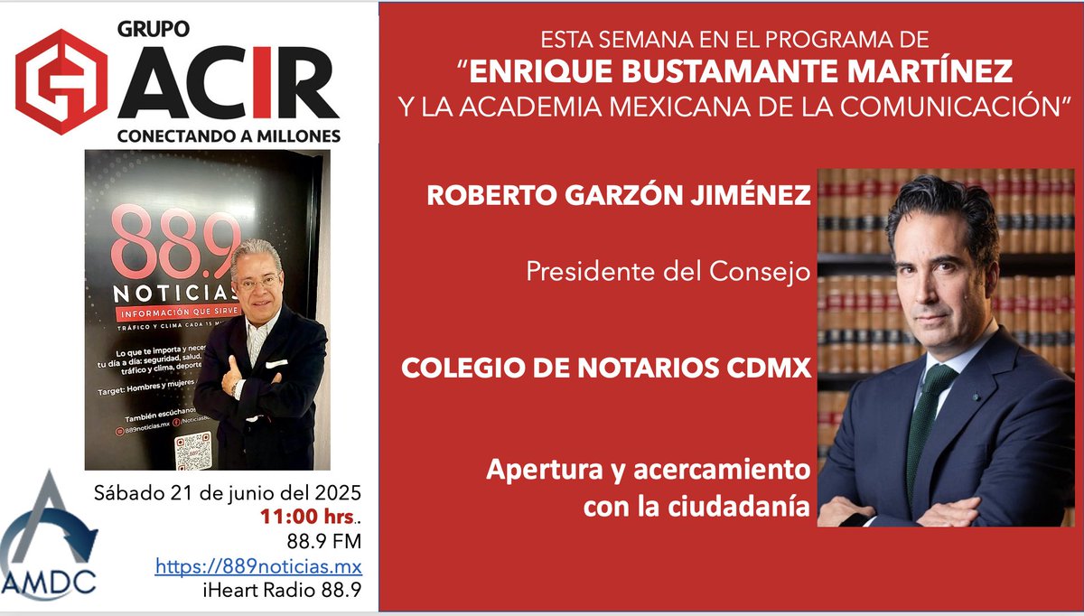 EnriqueB01's tweet image. ¡ Muy buenos días México !

Hoy en #MiProgramaDeRadio de la Academia Mexicana de la Comunicación, Roberto Garzón Jiménez; Presidente del Colegio de Notatios de CDMX
La cápsula @jhidalgo Jorge Alberto Hidalgo Toledo.
11:00 hrs 88.9 FM o 889noticias.mx iHeart Radio 889