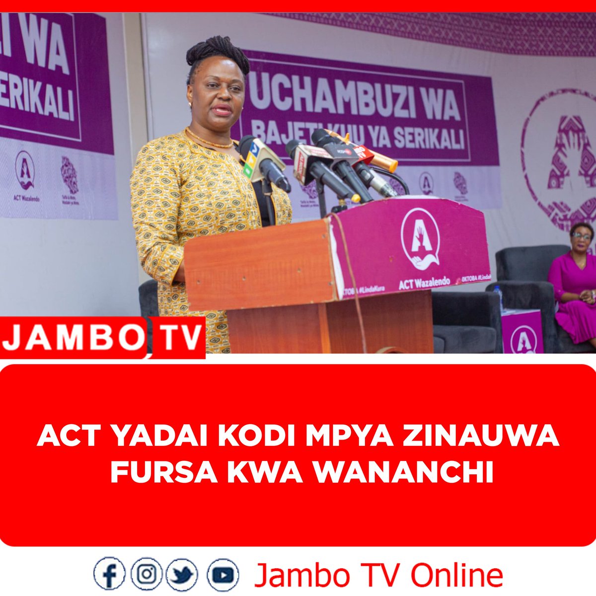 Jambo TV (@jambotv_) on Twitter photo Chama cha ACT Wazalendo <a href="/ACTwazalendo/">ACTWazalendo</a> kimelaani hatua ya serikali ya Jamhuri ya Muungano wa Tanzania kuanzisha kodi, tozo na ada mpya kupitia mapendekezo ya Bajeti Kuu ya Serikali ya mwaka wa fedha 2025/26 iliyowasilishwa Bungeni, jijini Dodoma hivi karibuni na Waziri wa Fedha Chama cha ACT Wazalendo <a href="/ACTwazalendo/">ACTWazalendo</a> kimelaani hatua ya serikali ya Jamhuri ya Muungano wa Tanzania kuanzisha kodi, tozo na ada mpya kupitia mapendekezo ya Bajeti Kuu ya Serikali ya mwaka wa fedha 2025/26 iliyowasilishwa Bungeni, jijini Dodoma hivi karibuni na Waziri wa Fedha