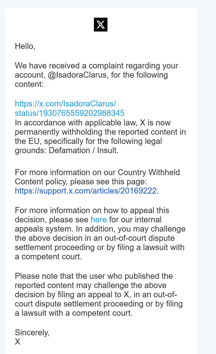 So Imane Khélif or his representatives filed a defamation complaint with the EU. Khélif's chromosome tests prove he's a man, thus I accurately labeled him a man. It is not defamatory to call a man a man. X should not permanently withhold the reported content, and I will appeal🇪🇺