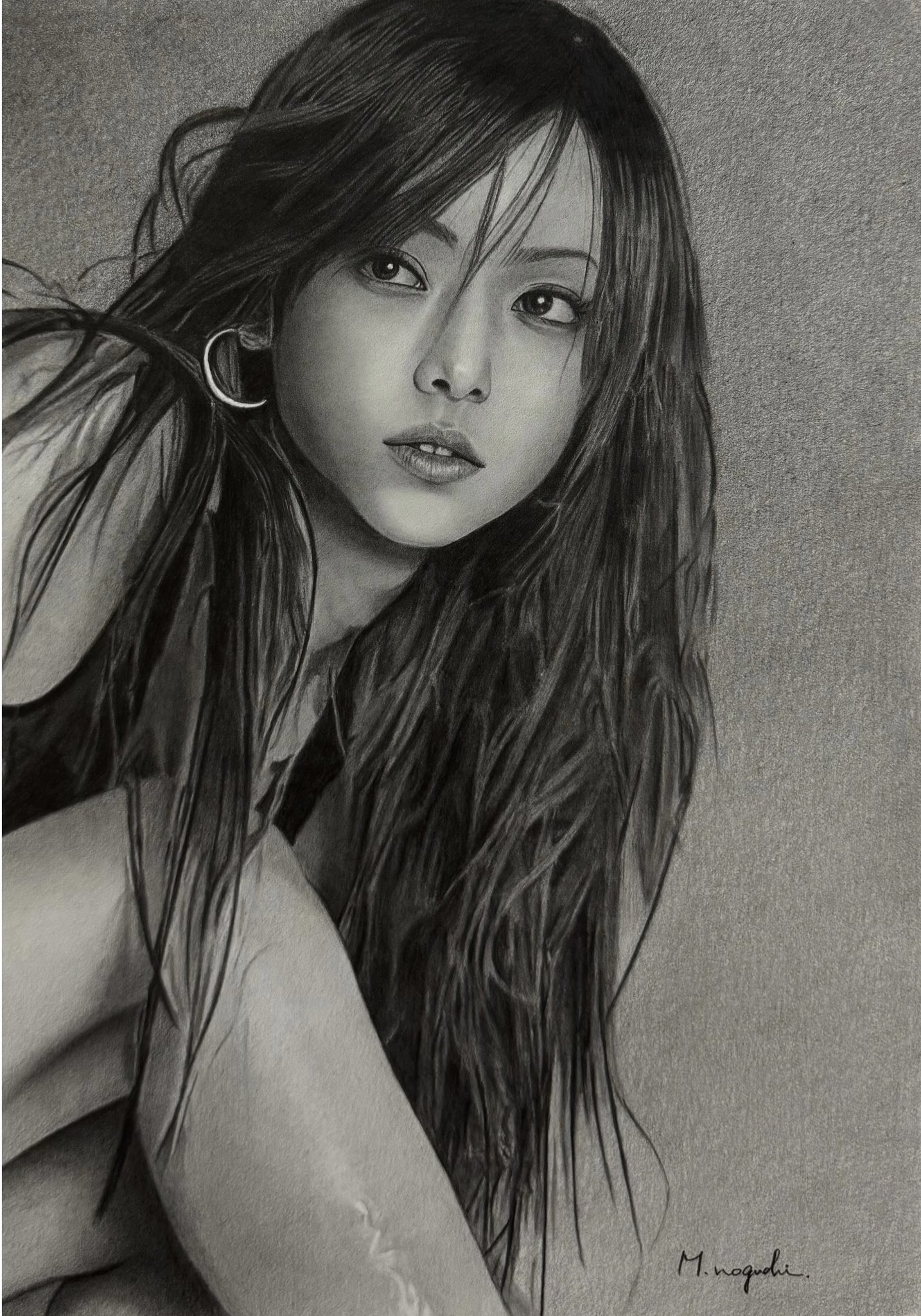 南口清ニ作　モノクロ 人物鉛筆画 ６号フレーム付き　東京芸術大学　油絵科大学院 南口清ニ作 モノクロ 人物鉛筆画 6号フレーム付き 東京芸術大学