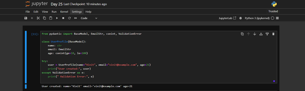 vinitsolanki111's tweet image. Day 25 of #30DaysOfPython #IDC30DaysChallenge
Learned: Pydantic models, type-safe validation, EmailStr, conint, and auto error handling
Solved: Built a user profile model with validation for email format & age (18–100)
@indiandataclub #Pydantic #FastAPI #DataValidation