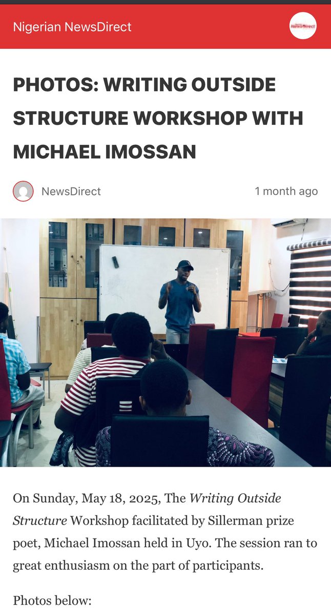 michael_imossan's tweet image. It was beautiful facilitating a workshop at Akwaibom where I taught poets and poetry enthusiasts the miracle and magic of poetry.
link to pictures below;
nigeriannewsdirect.com/photos-writing… PHOTOS: WRITING OUTSIDE STRUCTURE WORKSHOP WITH MICHAEL IMOSSAN - Nigerian NewsDirect