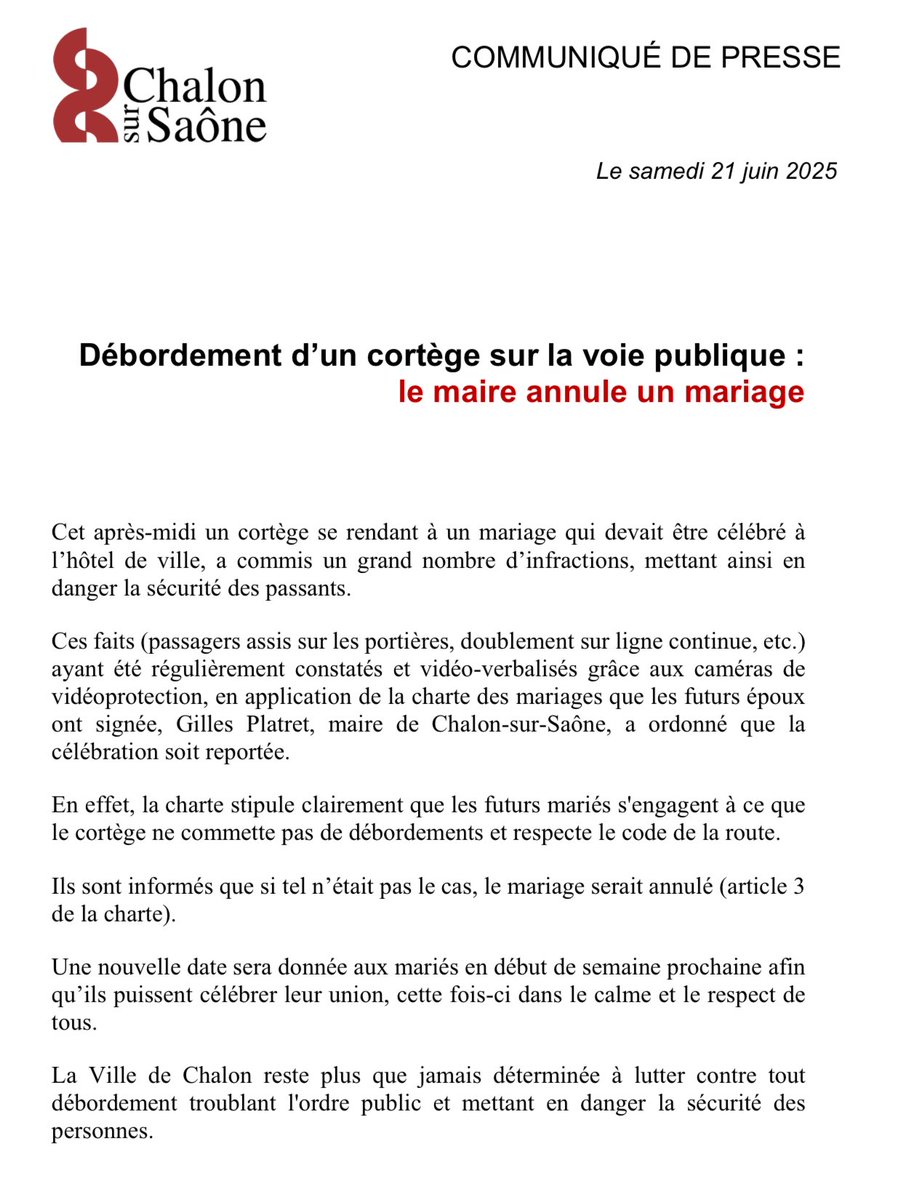 Certains s'acharnent à refuser de comprendre que nous ne tolérerons pas les débordements lors des mariages.

Cet après-midi, un cortège a totalement violé le code de la route. Il a également contrevenu à la charte des mariages (signée par les futurs mariés) qui stipule clairement