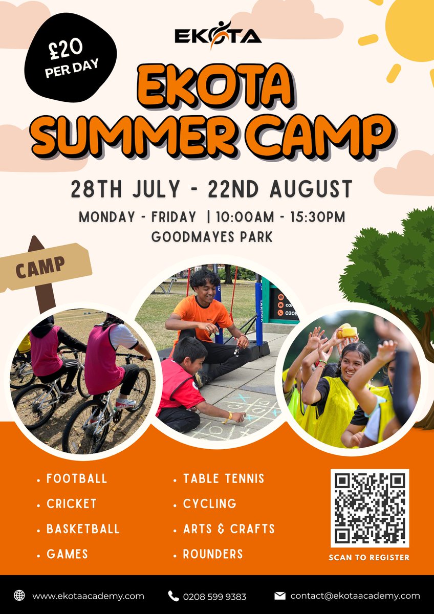 EKOTA SUMMER CAMP 2025

A summer of sport, fun and new friendships awaits!
Open to children aged 8–16 | £20 per day

Goodmayes Park
28 July – 22 August | Mon to Fri | 10:00 – 15:30

Limited spaces – register now:
ekotaacademy.com/summer-program…