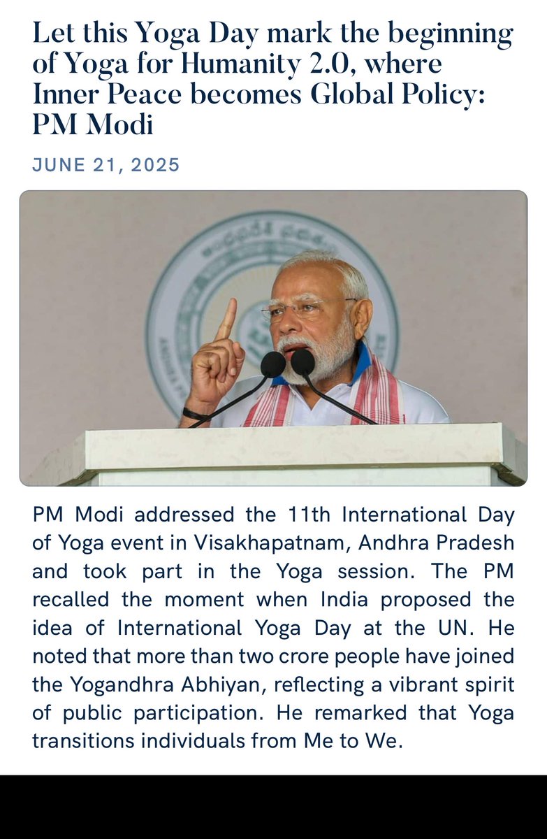Let this Yoga Day mark the beginning of Yoga for Humanity 2.0, where Inner Peace becomes Global Policy: PM Modi
nm-4.com/7kG0OU

via NaMo App