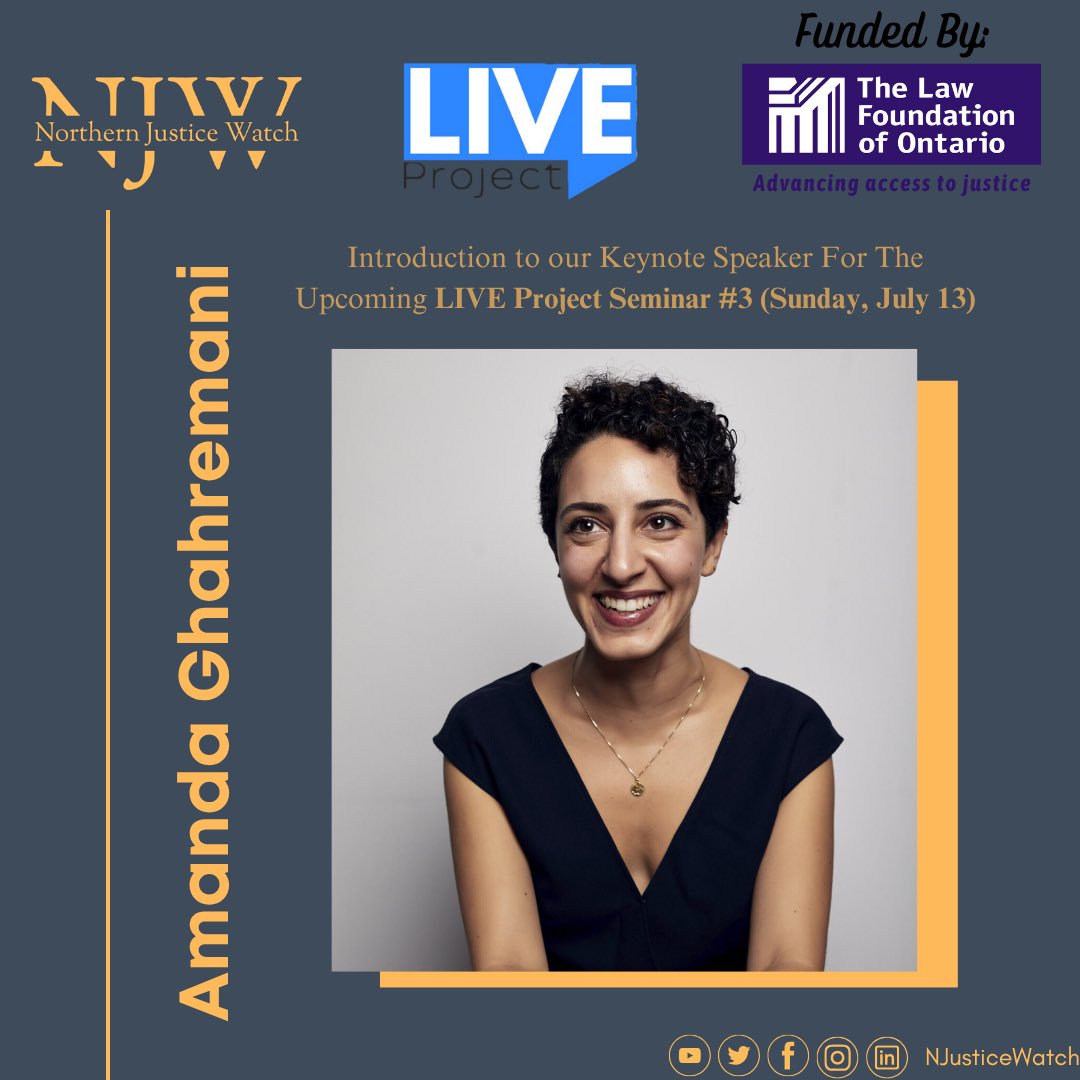 NJusticeWatch's tweet image. KEYNOTE SPEAKER ANNOUNCEMENT – LIVE Project Seminar #3! We are honored to announce that Amanda Ghahremani will be joining us as a Keynote Speaker for our upcoming seminar taking place on July 13 at York Woods Theatre.
Register Here: eventbrite.ca/e/live-project…
#accesstojustice…