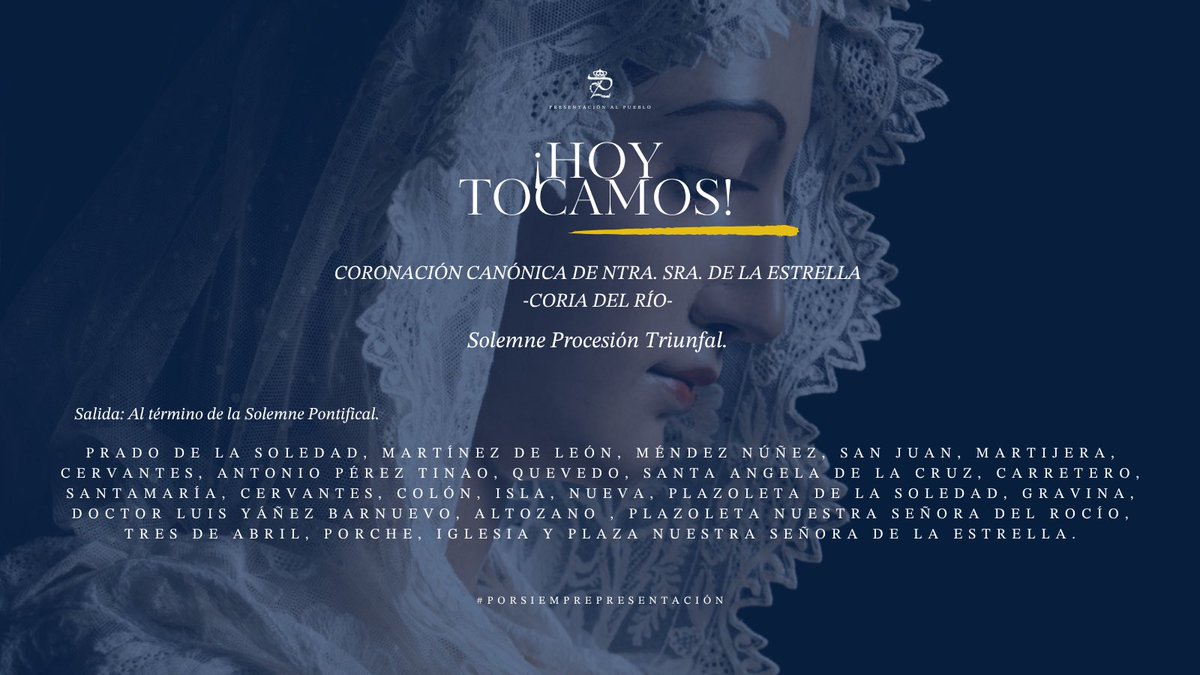Presentación al Pueblo de Dos Hermanas (@bpresentacionap) on Twitter photo 🔷 Hoy estaremos en Coria del Río para participar en la Solemne Procesión Triunfal tras la Coronación Canónica de Ntra. Sra. de la Estrella de <a href="/EstrellaCoria/">Hermandad Sacramental Ntra. Sra. de la Estrella</a>, Patrona de la localidad.
¡Día de júbilo para todos los corianos y hermanos de la corporación!
#PorSiemprePresentación 🔷 Hoy estaremos en Coria del Río para participar en la Solemne Procesión Triunfal tras la Coronación Canónica de Ntra. Sra. de la Estrella de <a href="/EstrellaCoria/">Hermandad Sacramental Ntra. Sra. de la Estrella</a>, Patrona de la localidad.
¡Día de júbilo para todos los corianos y hermanos de la corporación!
#PorSiemprePresentación