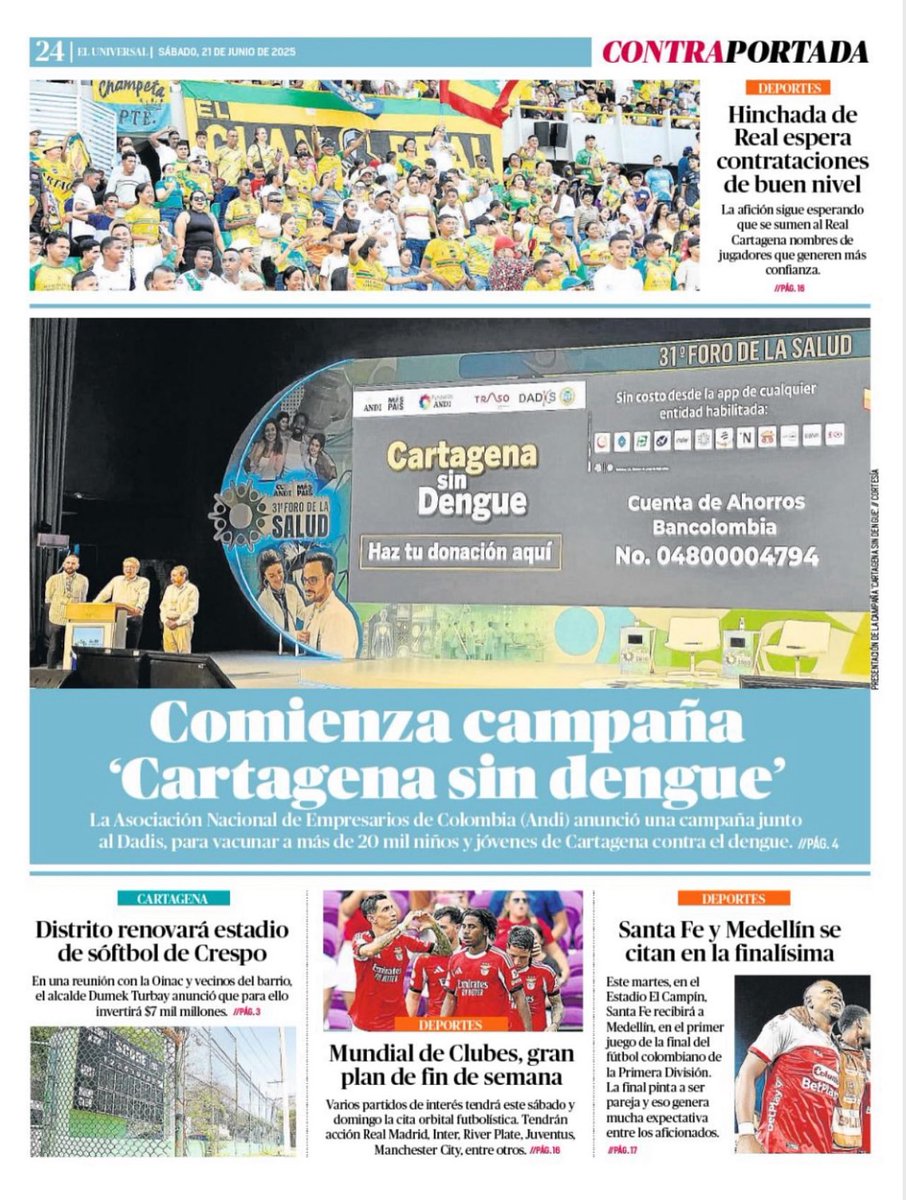 Bruce Mac Master (@brucemacmaster) on Twitter photo Iniciamos formalmente la campaña #CartagenaSinDengue
Con un aporte de la <a href="/ANDI_Colombia/">ANDI</a> y sus afiliados de 1.000 millones de pesos y al lado de la <a href="/AlcaldiaCTG/">Alcaldía de Cartagena</a> nos proponemos vacunar a más de 20.000 niños de la ciudad en colegios escogidos por el <a href="/DadisCartagena/">Dadis Cartagena</a>
Vía Iniciamos formalmente la campaña #CartagenaSinDengue
Con un aporte de la <a href="/ANDI_Colombia/">ANDI</a> y sus afiliados de 1.000 millones de pesos y al lado de la <a href="/AlcaldiaCTG/">Alcaldía de Cartagena</a> nos proponemos vacunar a más de 20.000 niños de la ciudad en colegios escogidos por el <a href="/DadisCartagena/">Dadis Cartagena</a>
Vía