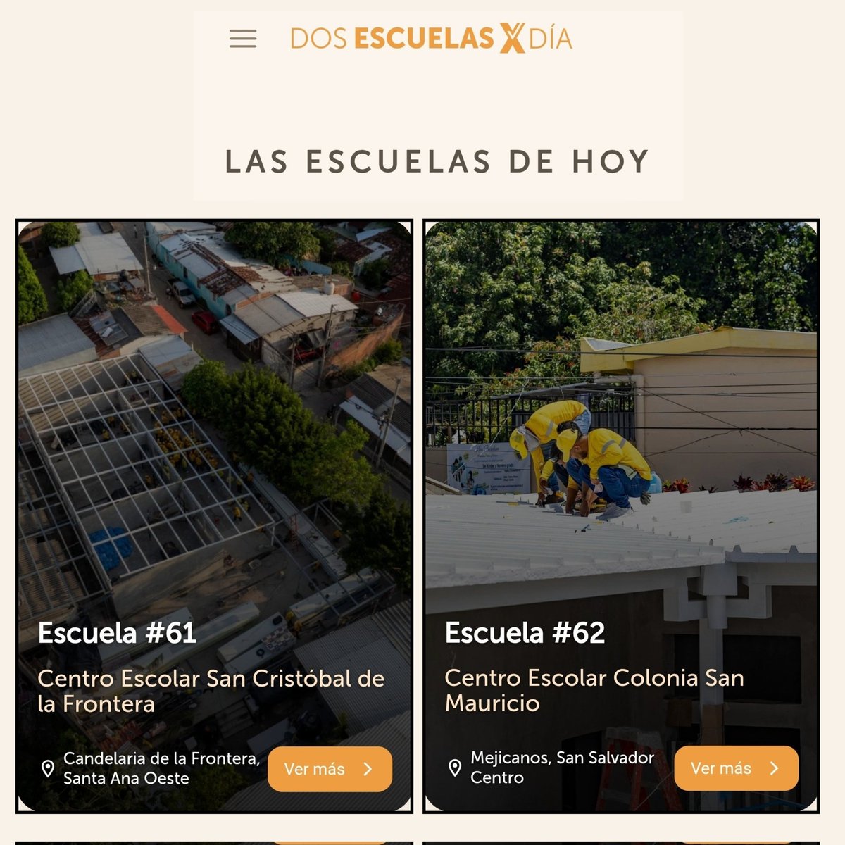 Muy pronto, más escuelas estarán listas para brindar educación de calidad para nuestros niños 👧👦

✅️ Escuela 61

📍Centro Escolar San Cristóbal de la Frontera, Santa Ana Oeste.

✅️ Escuela 62
📍Centro Escolar Colonia San Mauricio, San Salvador Centro.

#DosEscuelasXDia 🇸🇻