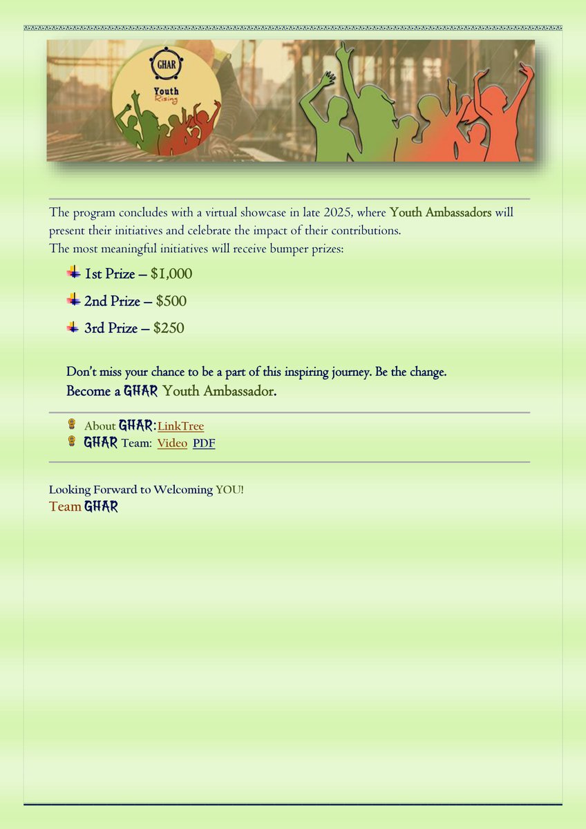 #GHAR's Youth Rising Program is an exciting summer adventure for Students aged 9 years and above who are ready to step into leadership roles as GHAR's Youth Ambassadors. Come Rise with Us!
📷 Sign Up Deadline: 15th July, 2025 docs.google.com/forms/d/e/1FAI…