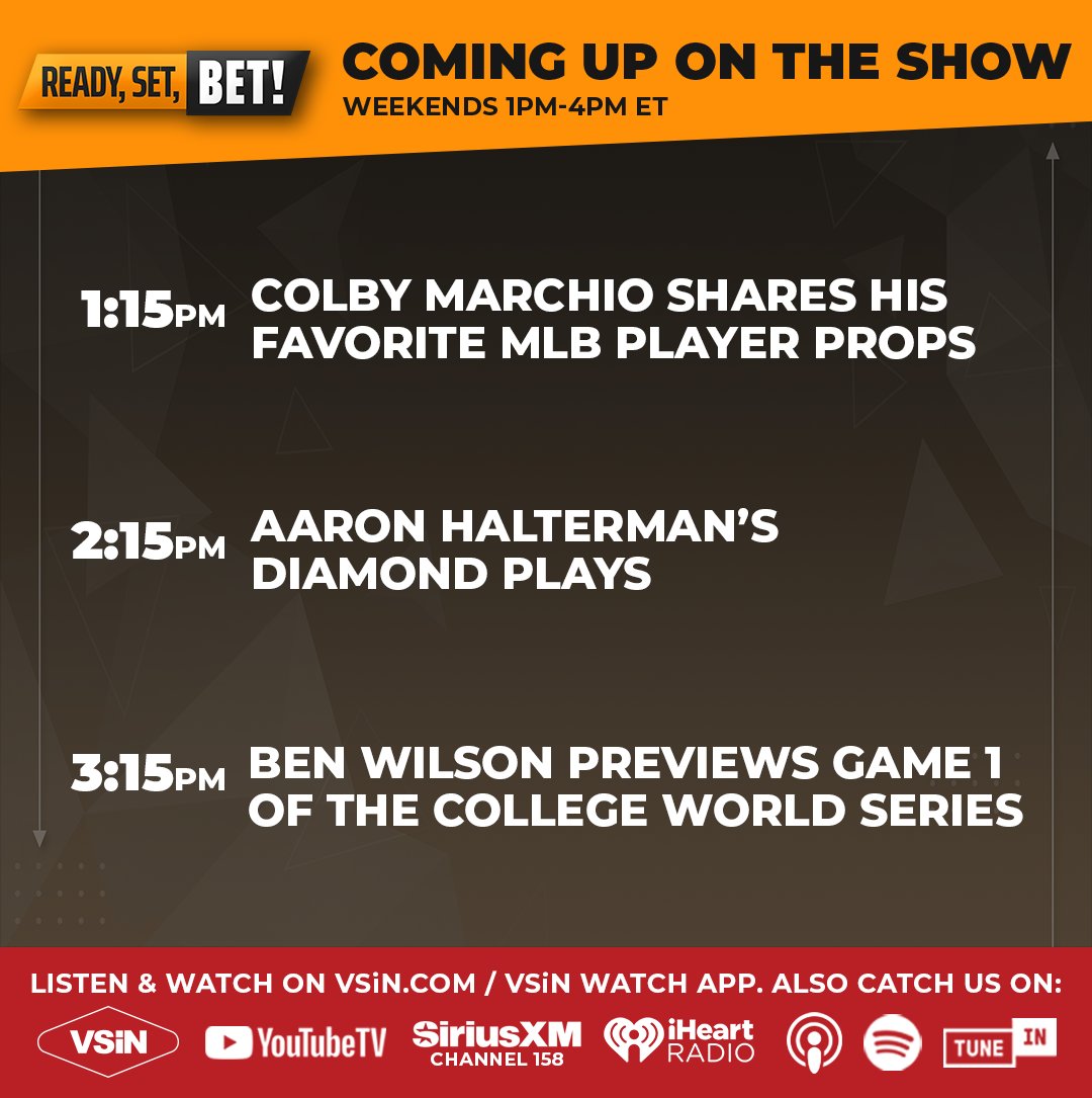VSiN (@vsinlive) on Twitter photo At the top of the hour, <a href="/geoffschwartz/">Geoff Schwartz</a> & <a href="/1TomByrne/">Tom Byrne</a> will help prepare your MLB betting slips, break down the NFL Futures markets and look ahead to Game 7 of the NBA Finals.
Joining the show:
<a href="/ColbyMBets/">Colby Marchio</a>
<a href="/racing_dudes/">Racing Dudes</a>
<a href="/Ben_Wilson_1/">Ben Wilson</a>
Tune in: vsin.com/watch At the top of the hour, <a href="/geoffschwartz/">Geoff Schwartz</a> & <a href="/1TomByrne/">Tom Byrne</a> will help prepare your MLB betting slips, break down the NFL Futures markets and look ahead to Game 7 of the NBA Finals.
Joining the show:
<a href="/ColbyMBets/">Colby Marchio</a>
<a href="/racing_dudes/">Racing Dudes</a>
<a href="/Ben_Wilson_1/">Ben Wilson</a>
Tune in: vsin.com/watch