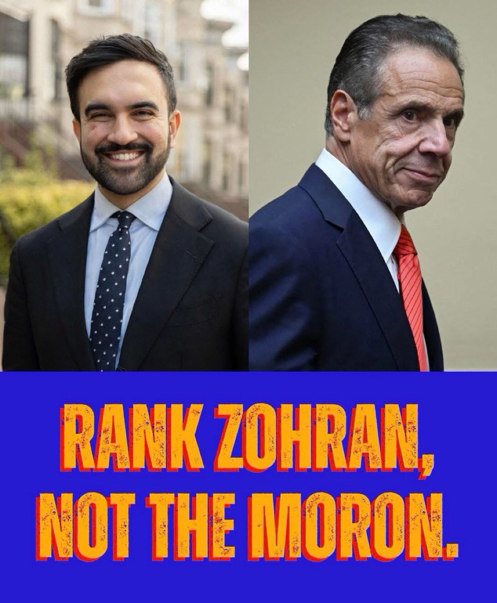Cuomo made New York City very unaffordable as Governor. He built zero units of affordable housing and defunded hospitals, schools and transit whilst sending your loved ones to their deaths during the COVID-19 pandemic. The choice is clear.

Rank the Zohran, not the moron!