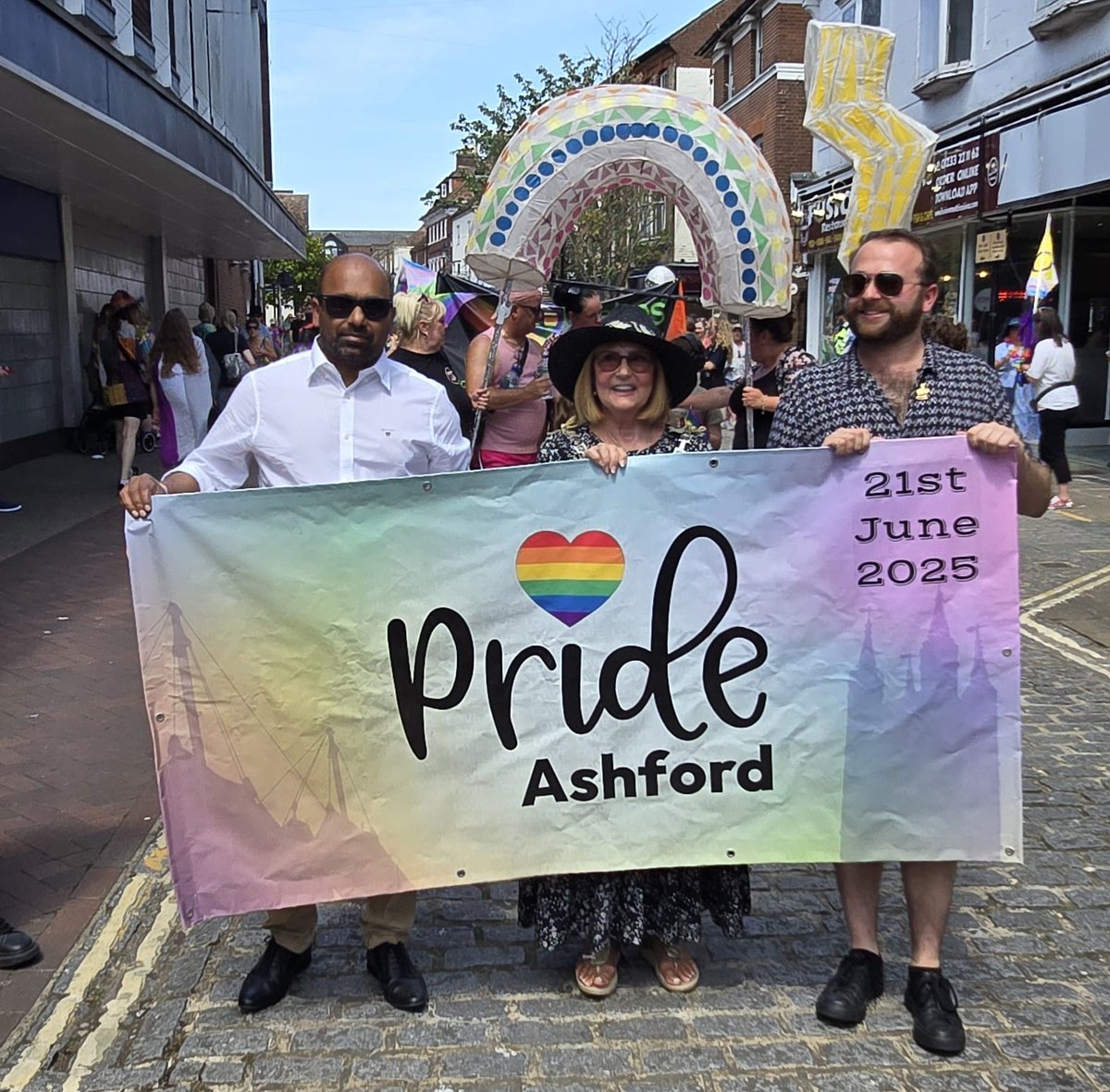 Our MP, Hon. Sojan Joseph, Mayor of Ashford Cllr Lyn Suddards and Ashford Labour LGBTQIA+ Officer Terry Pavlou marching together at Ashford Pride today.