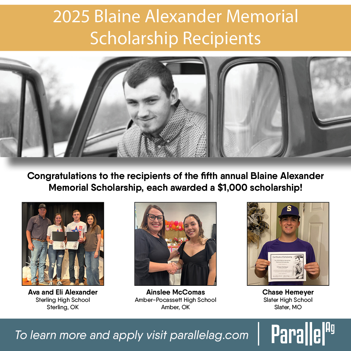 Meet the recipients of the 5th Annual Blaine Alexander Memorial Scholarship! 💛
These 4 incredible students stood out with their passion and dedication. Thank you to all who applied. We’re proud to carry on Blaine’s legacy.