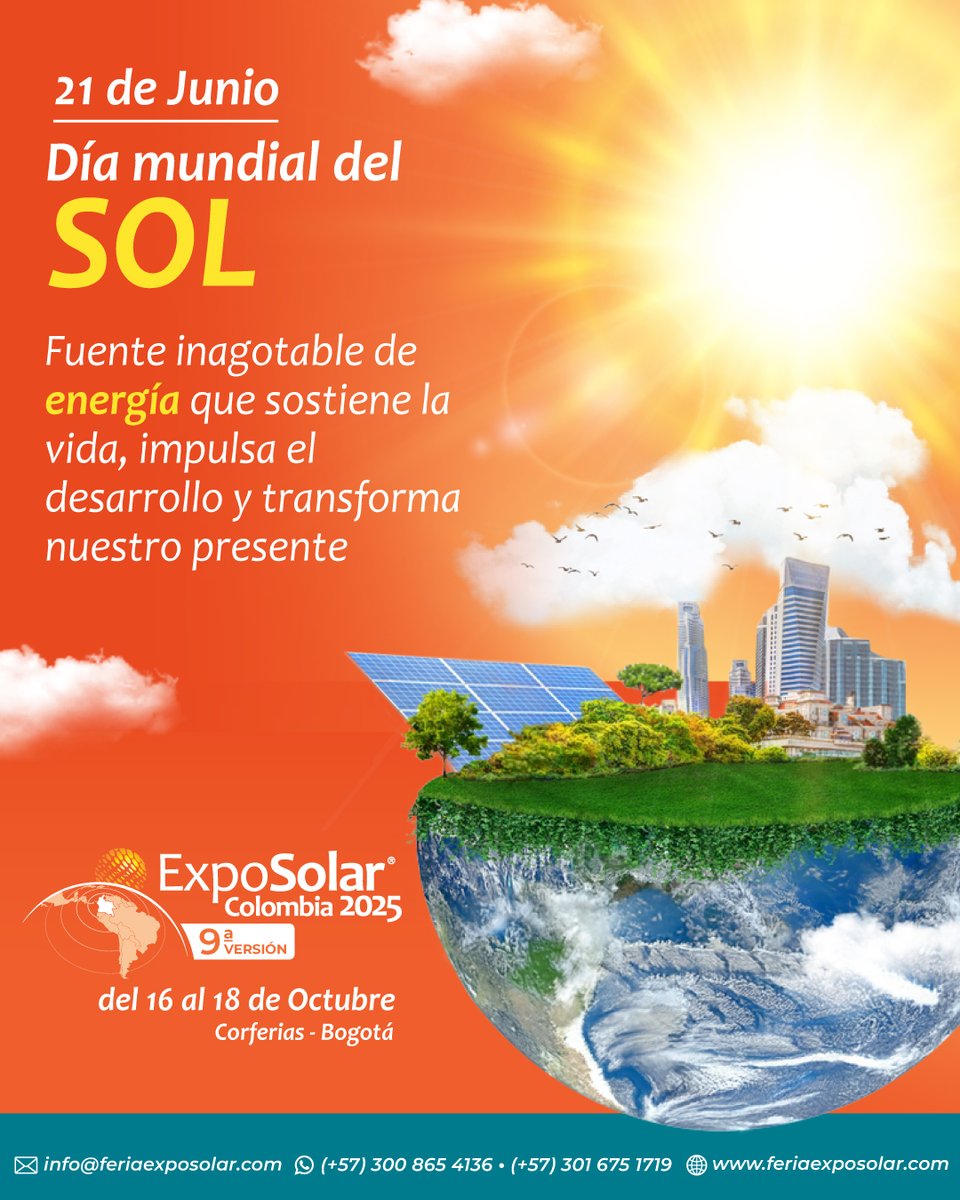 🌞 21 de junio – Día Mundial del Sol

Más que una estrella: el Sol es vida, energía limpia y guía de culturas.

Hoy celebramos su papel en un futuro sostenible y consciente.

¡Que cada rayo nos inspire a cuidar el planeta! 💛🌍
🔗 feriaexposolar.com

📞 +57 300 865 4136