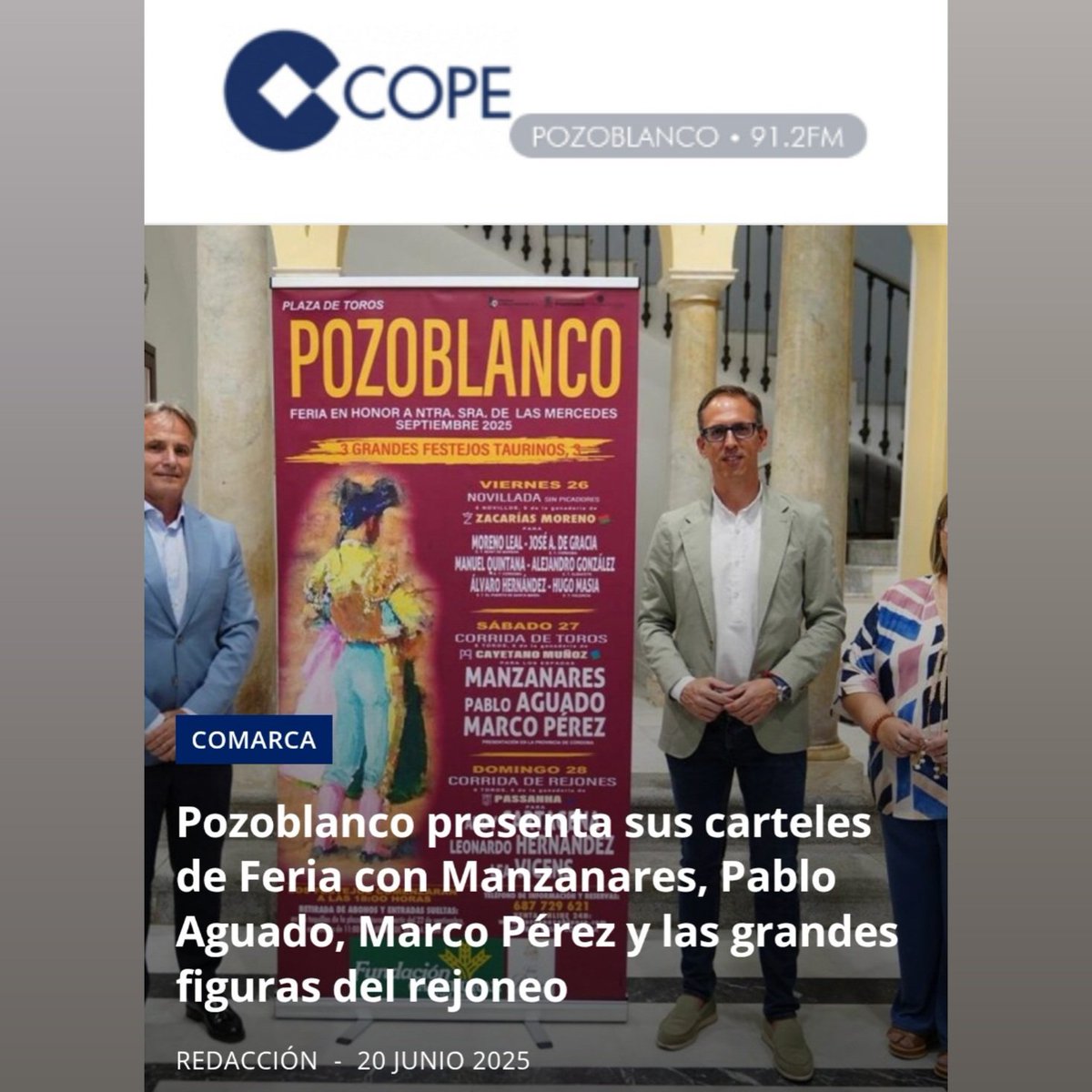 FERIA TAURINA DE POZOBLANCO 2025
Ya se pueden adquirir las entradas en torospozoblanco.com y en el teléfono 687 729 621

¡AUTOBUSES DESDE CÓRDOBA! ¡INFÓRMATE!

#Pozoblanco #Córdoba #Toros #Tauromaquia #CosodelosLlanos