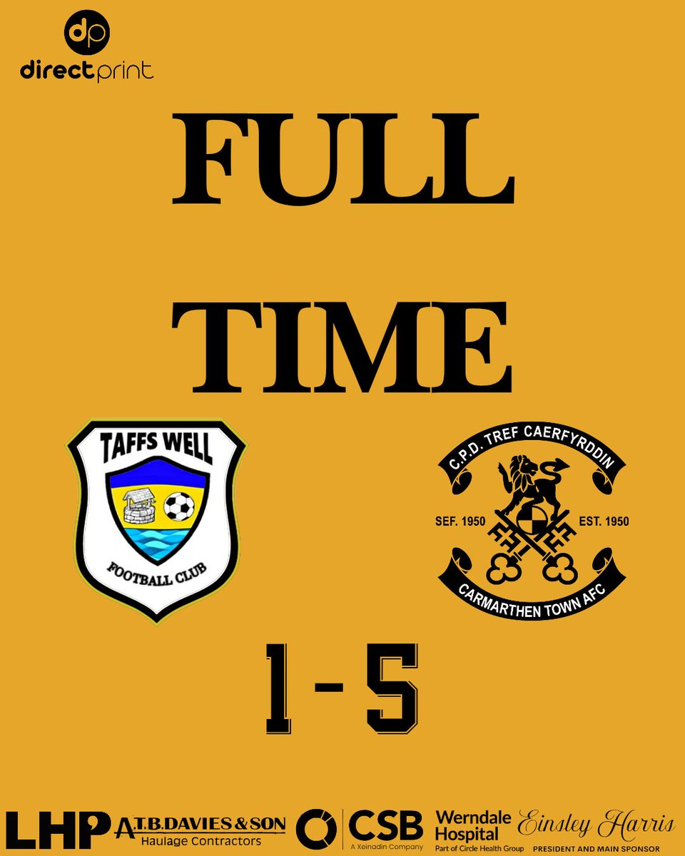 Full Time | Sgôr Terfynol
 
Taffs Well FC 1-5 Carmarthen Town AFC

We start pre season with a win. We wish Taffs Well all the very best for the upcoming season