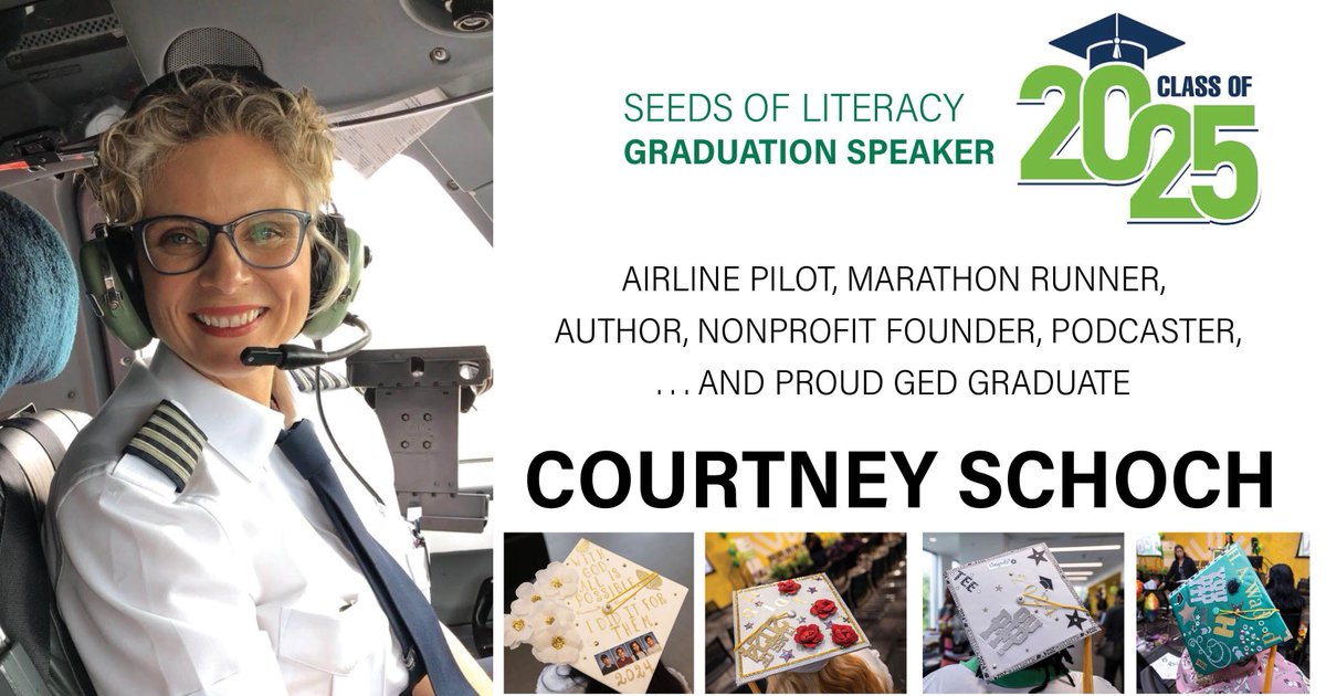 📚 Pilot for a major airline. Author. Podcaster. Marathon runner and motivational speaker, This year's speaker: proud #GEDGraduate -- Courtney Schoch! ✈️ 🎓 
#OwnYourStory #NeverTooLate 
Our ceremony (&amp; her speech) will stream LIVE at 1pm ET here: buff.ly/JMIH1Dm