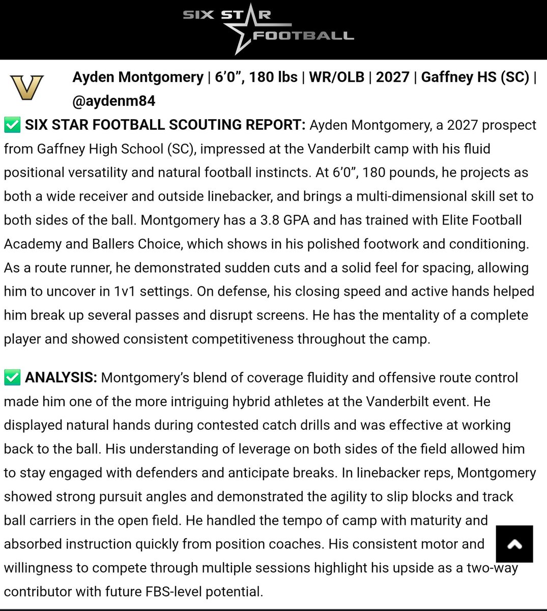 Ayden Montgomery (@aydenm84) on Twitter photo Thank you to <a href="/sixstarfootball/">Six Star Football | PLUS+</a> for this report from the <a href="/VandyFootball/">Vanderbilt Football</a> Prospect Camp. <a href="/GaffneyFootball/">Gaffney Football</a> <a href="/fishN_Kev/">Kevin Phillips</a> <a href="/_CoachClem/">COACH CLEM</a> <a href="/elitefootballac/">EliteTalentFootball</a> <a href="/BALLERSCHOICE1/">BALLERS CHOICE LLC</a> <a href="/DFO_AJ/">Andrew Foster Jr.</a> <a href="/AWilliamsUSA/">Anthony Williams</a> <a href="/ErikRichardsUSA/">Erik Richards</a> <a href="/ShawRoderick/">Coach Rod Shaw Jr</a> <a href="/SadeMarie00/">Sade' Garrison</a> Thank you to <a href="/sixstarfootball/">Six Star Football | PLUS+</a> for this report from the <a href="/VandyFootball/">Vanderbilt Football</a> Prospect Camp. <a href="/GaffneyFootball/">Gaffney Football</a> <a href="/fishN_Kev/">Kevin Phillips</a> <a href="/_CoachClem/">COACH CLEM</a> <a href="/elitefootballac/">EliteTalentFootball</a> <a href="/BALLERSCHOICE1/">BALLERS CHOICE LLC</a> <a href="/DFO_AJ/">Andrew Foster Jr.</a> <a href="/AWilliamsUSA/">Anthony Williams</a> <a href="/ErikRichardsUSA/">Erik Richards</a> <a href="/ShawRoderick/">Coach Rod Shaw Jr</a> <a href="/SadeMarie00/">Sade' Garrison</a>