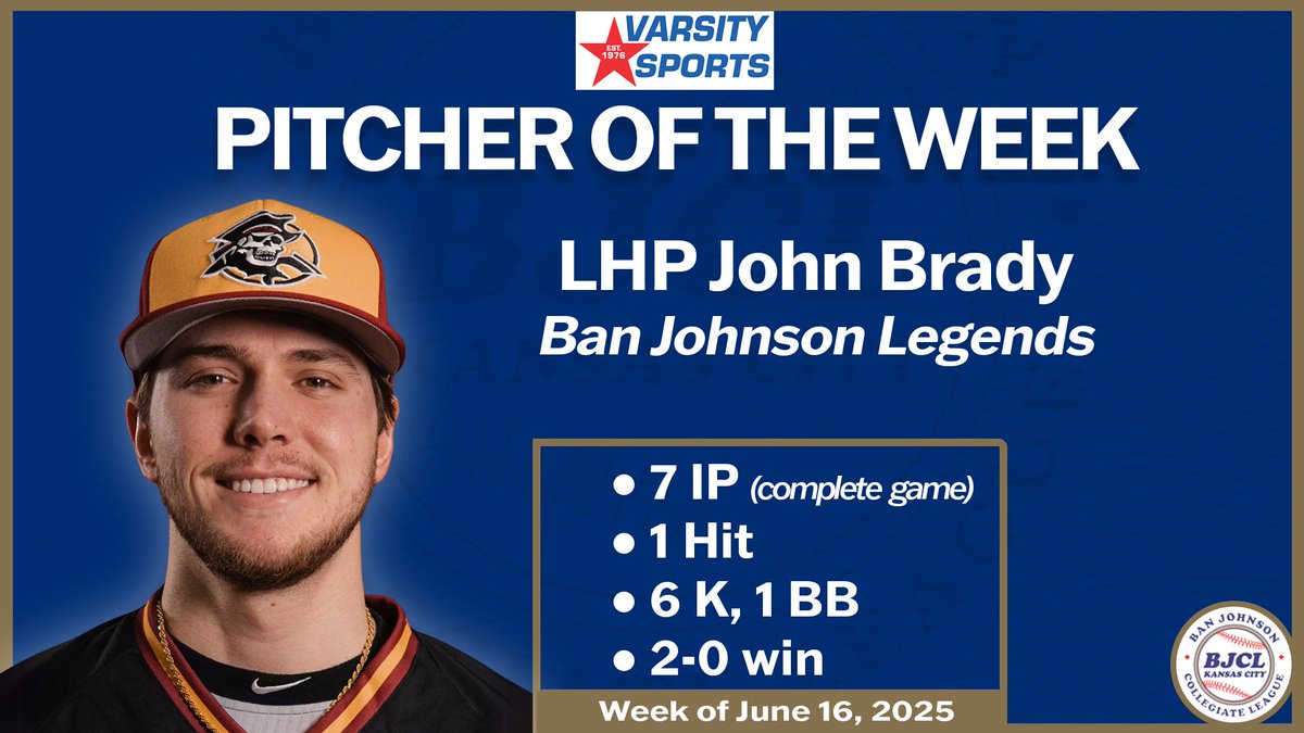 Congrats to our Varsity Sports Pitcher of the Week Ban Johnson Legends LHP John Brady (<a href="/john1brady/">JohnBrady</a> / <a href="/ParkUBaseball1/">Park University Pirates Baseball</a> ) #BJCL